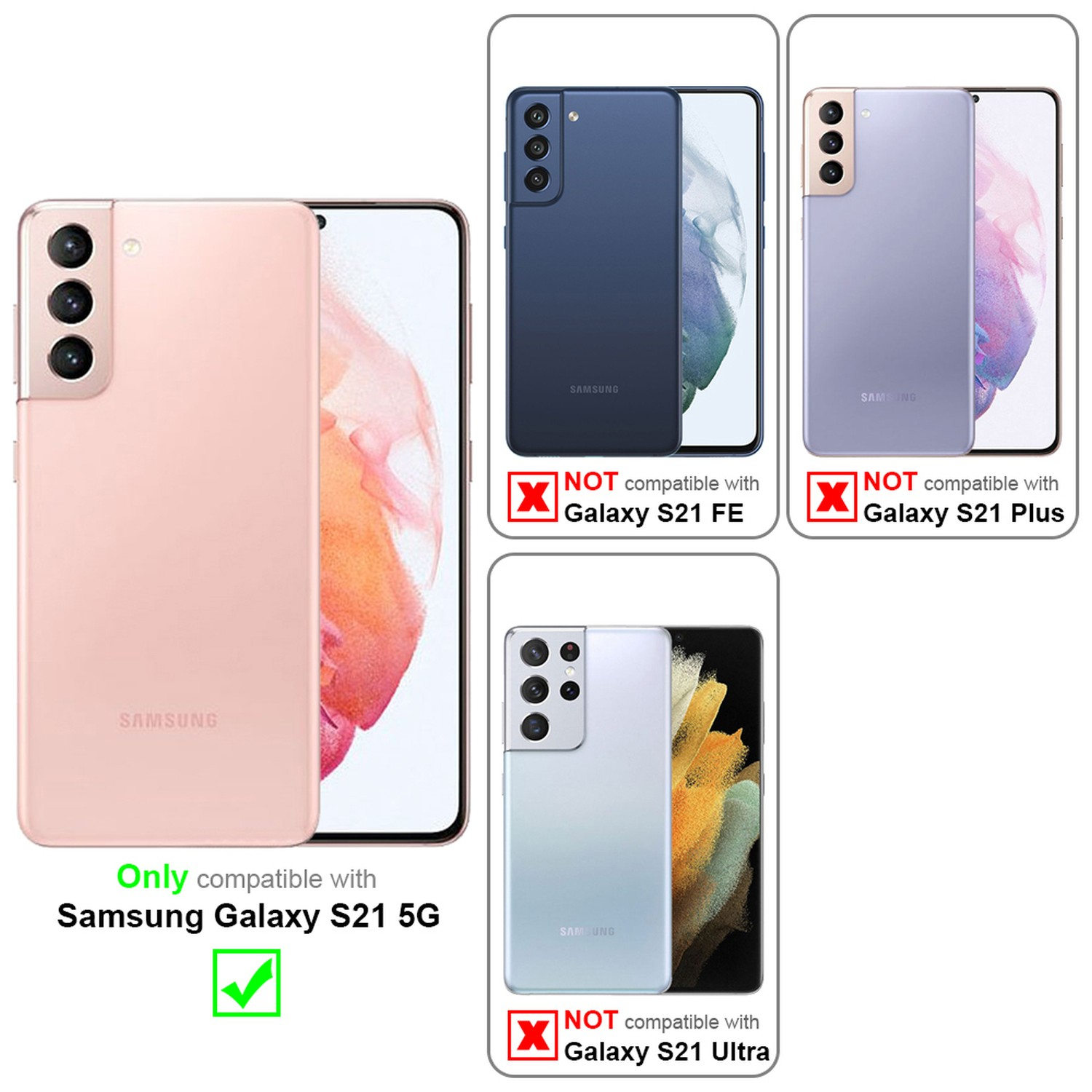 Téléphone rose dans l'étui. Compatible avec Samsung Galaxy S21 5G. Autres non. Fond blanc.