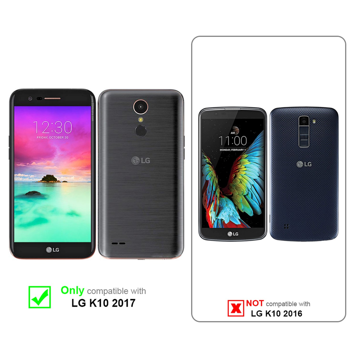 Due telefoni, nero e rosa. Testo: Compatibile con LG K10 2017, non LG K10 2016.
