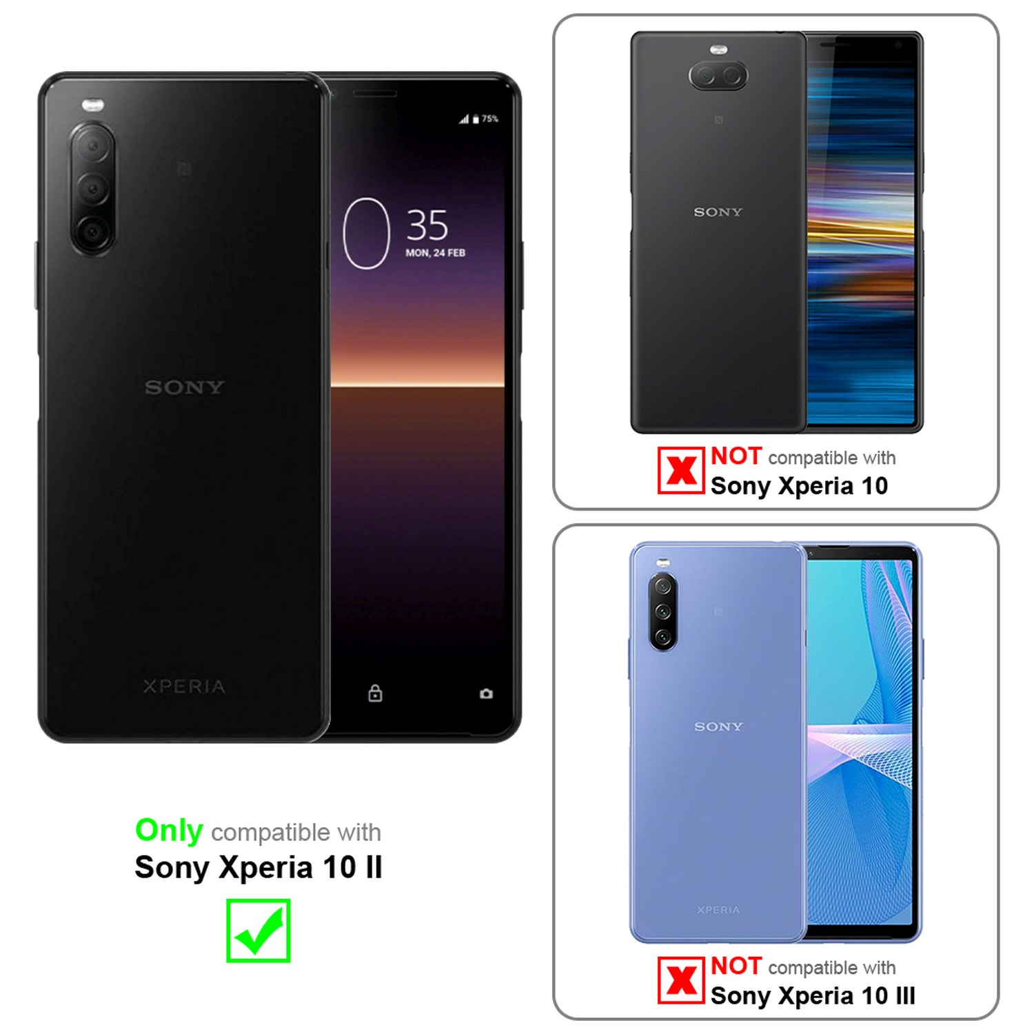Due telefoni con custodie. La custodia è compatibile con Sony Xperia 10 II. Gli altri telefoni non sono compatibili.