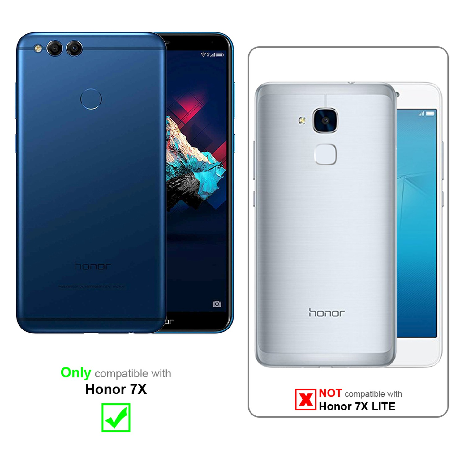 Zwei Telefone: blau und weiß. Das blaue Telefon hat eine Kamera und das Honor-Logo. Das weiße Telefon hat ein Honor-Logo.