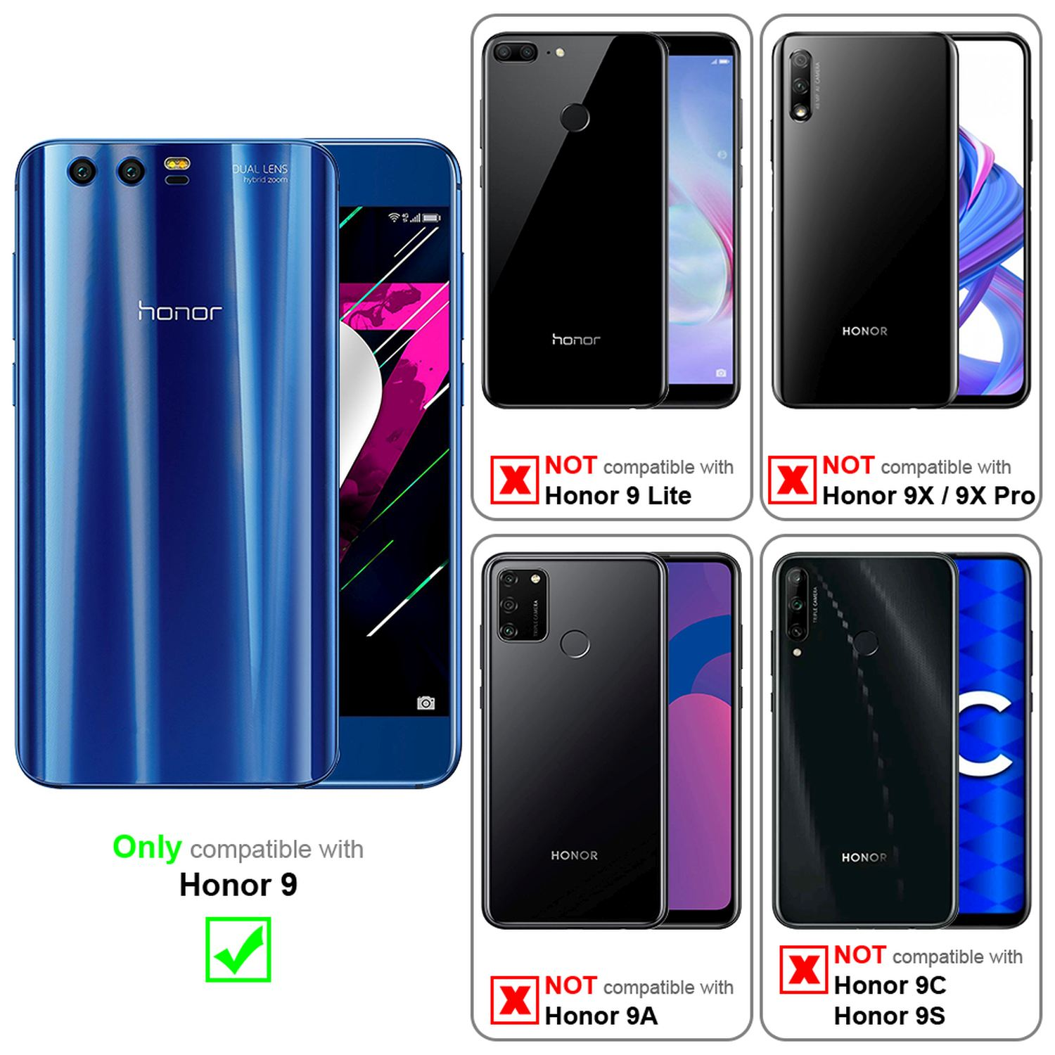 Confronto di custodie per telefono. Honor 9 è compatibile, gli altri no. Il testo indica i telefoni compatibili.