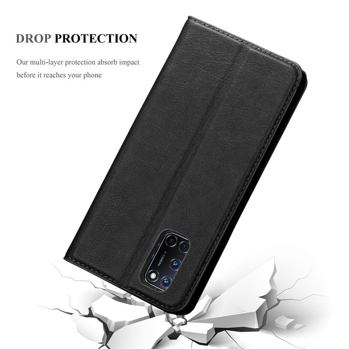 Schwarze Handyhülle offen mit einem Handy darin. Die Hülle liegt auf einer gesprungenen Oberfläche.