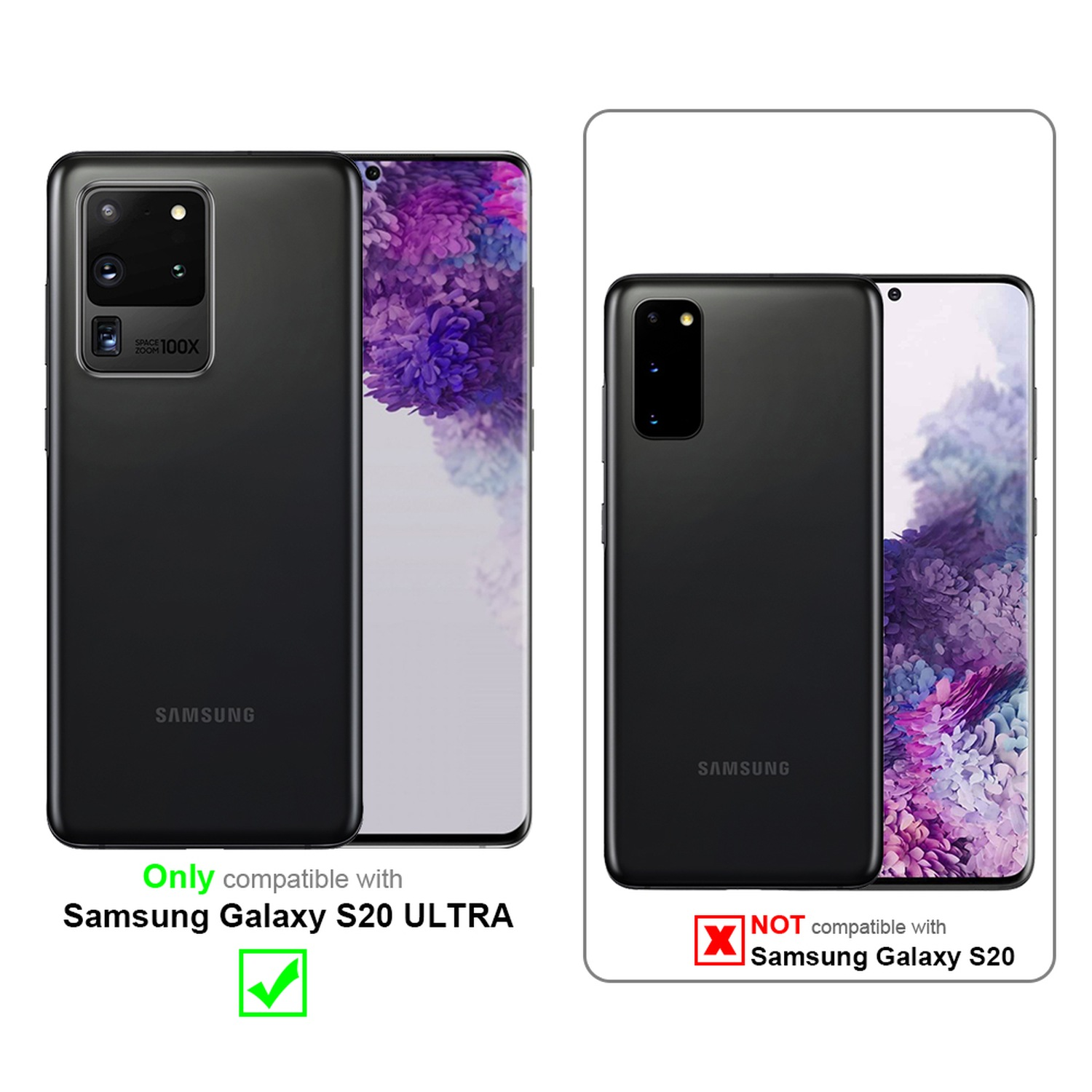 Schwarzes Telefon in Hülle. Kompatibel mit Samsung Galaxy S20 ULTRA. Andere Telefone nicht. Weißer Hintergrund.