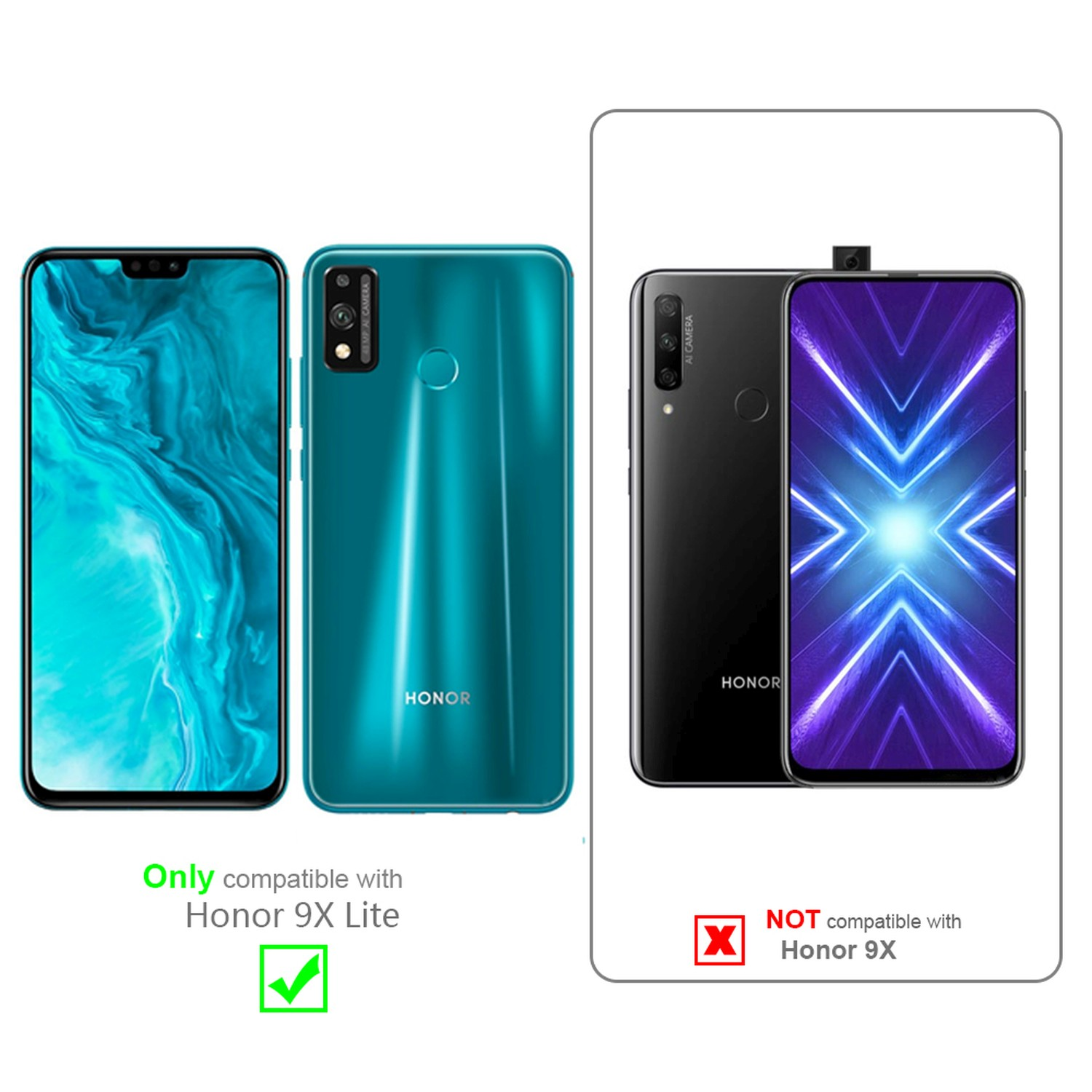 Zwei Telefone: grün und schwarz. Das grüne Telefon hat eine Kamera und das Honor-Logo. Das schwarze Telefon hat ein Honor-Logo.