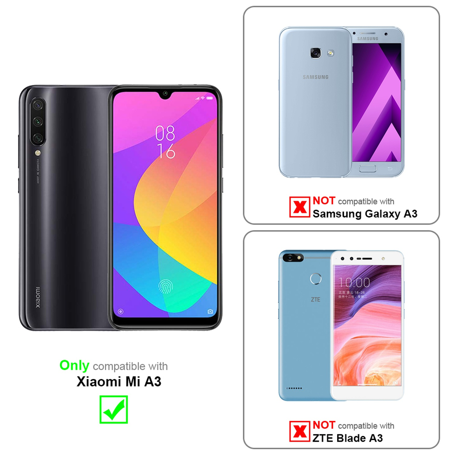 Confronto compatibilità telefoni: Xiaomi Mi A3 compatibile, Samsung Galaxy A3 e ZTE Blade A3 no.