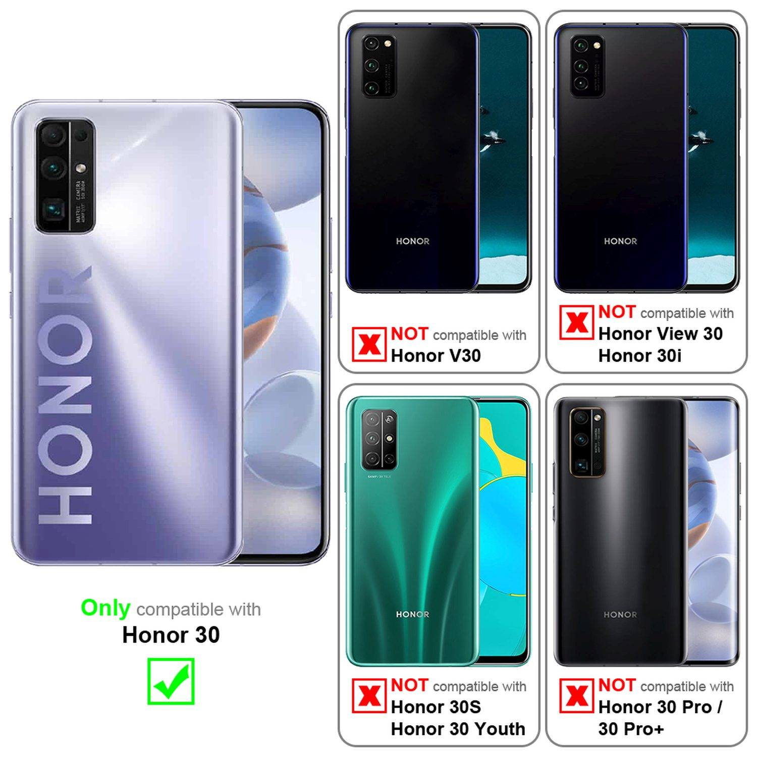 Confronto di custodie per telefono. Un telefono viola ha diversi modelli incompatibili. Solo Honor 30 è compatibile.