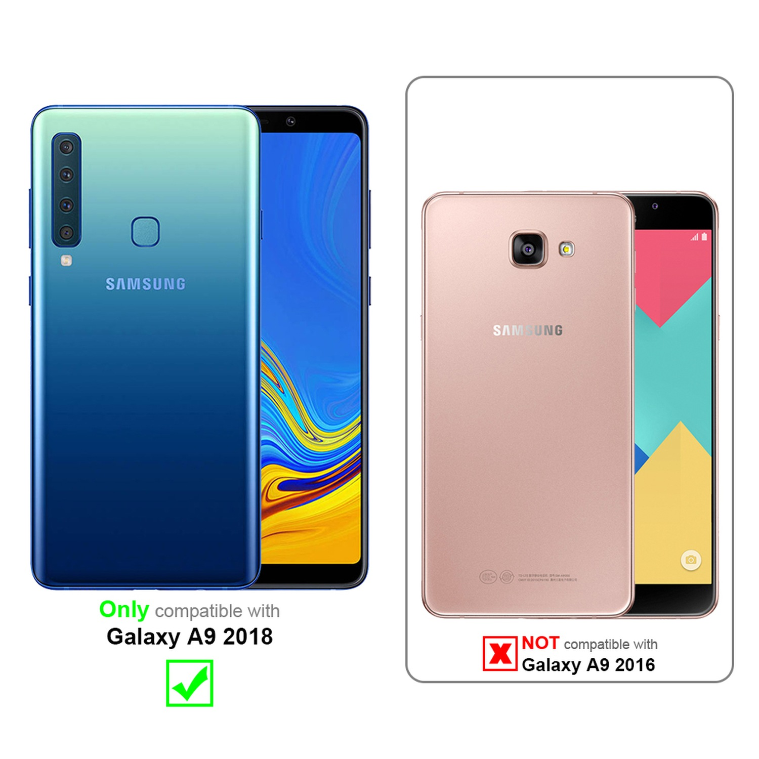 Zwei Smartphones nebeneinander. Eines blau und eines rosa. Text zeigt Kompatibilität mit einem Modell an.