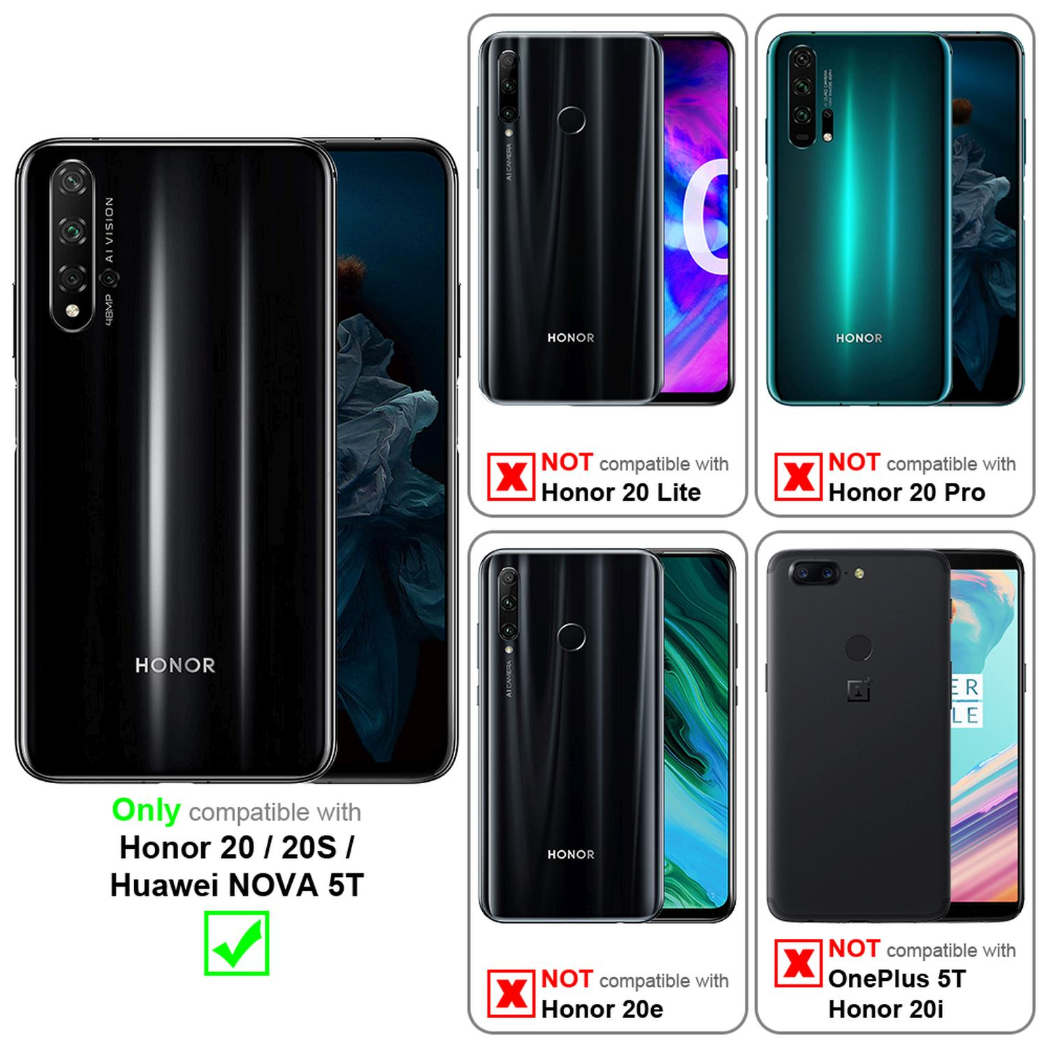 Schwarze Telefone mit Text: Nur kompatibel mit Honor 20/20S/Huawei NOVA 5T. Nicht kompatibel mit Honor 20e/20 Lite/20 Pro/OnePlus 5T/20i.