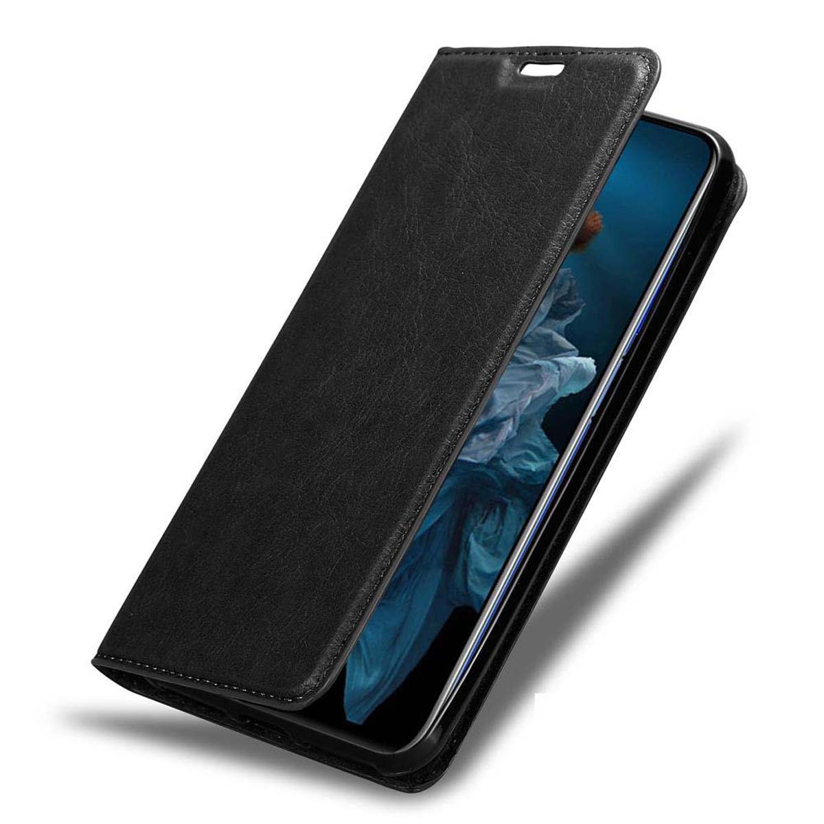 Schwarze Leder-Handyhülle, geöffnet. Der Telefonbildschirm ist sichtbar und zeigt ein blaues und weißes Bild.