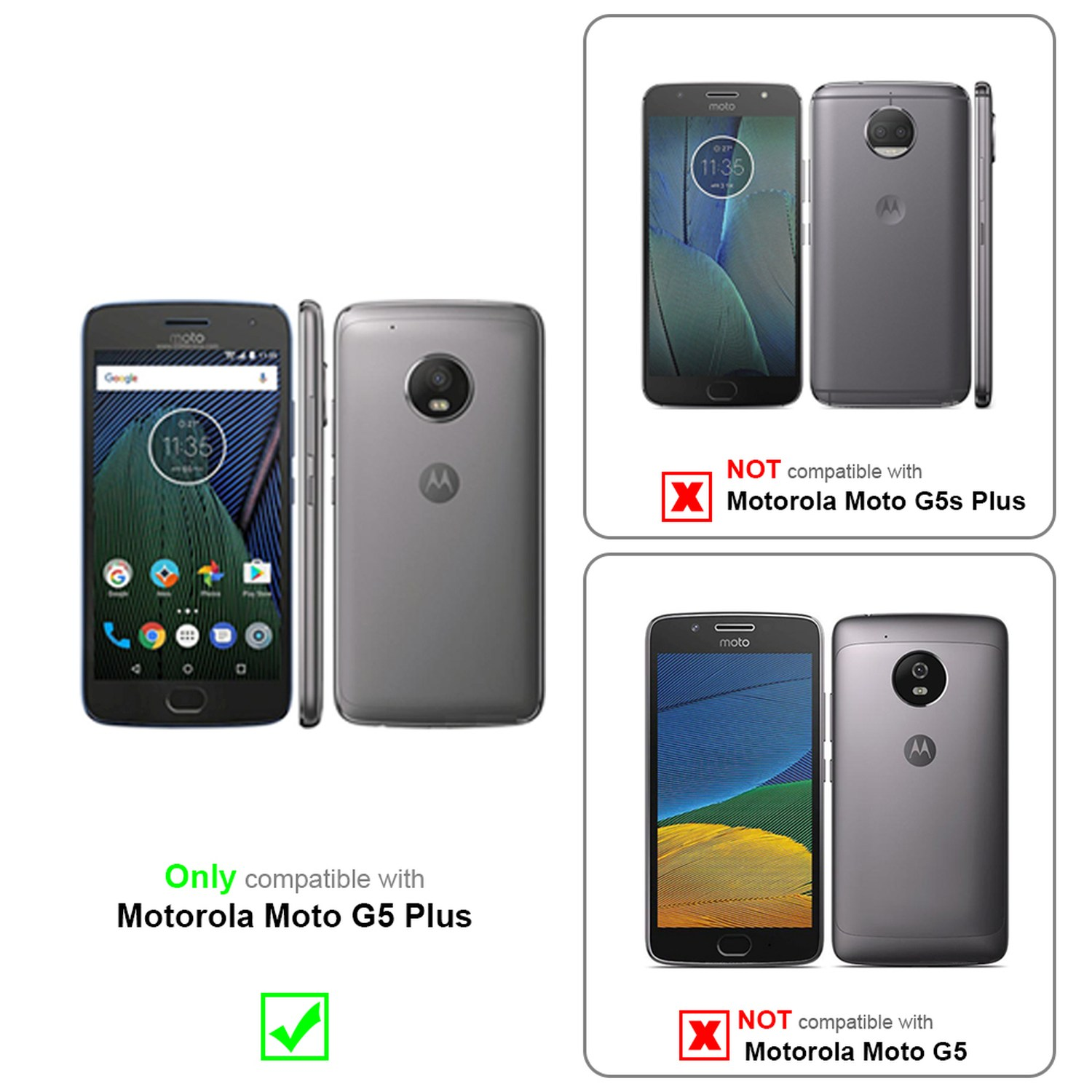 L'immagine mostra un confronto di custodie per telefoni, evidenziando la compatibilità solo con Motorola Moto G5 Plus.