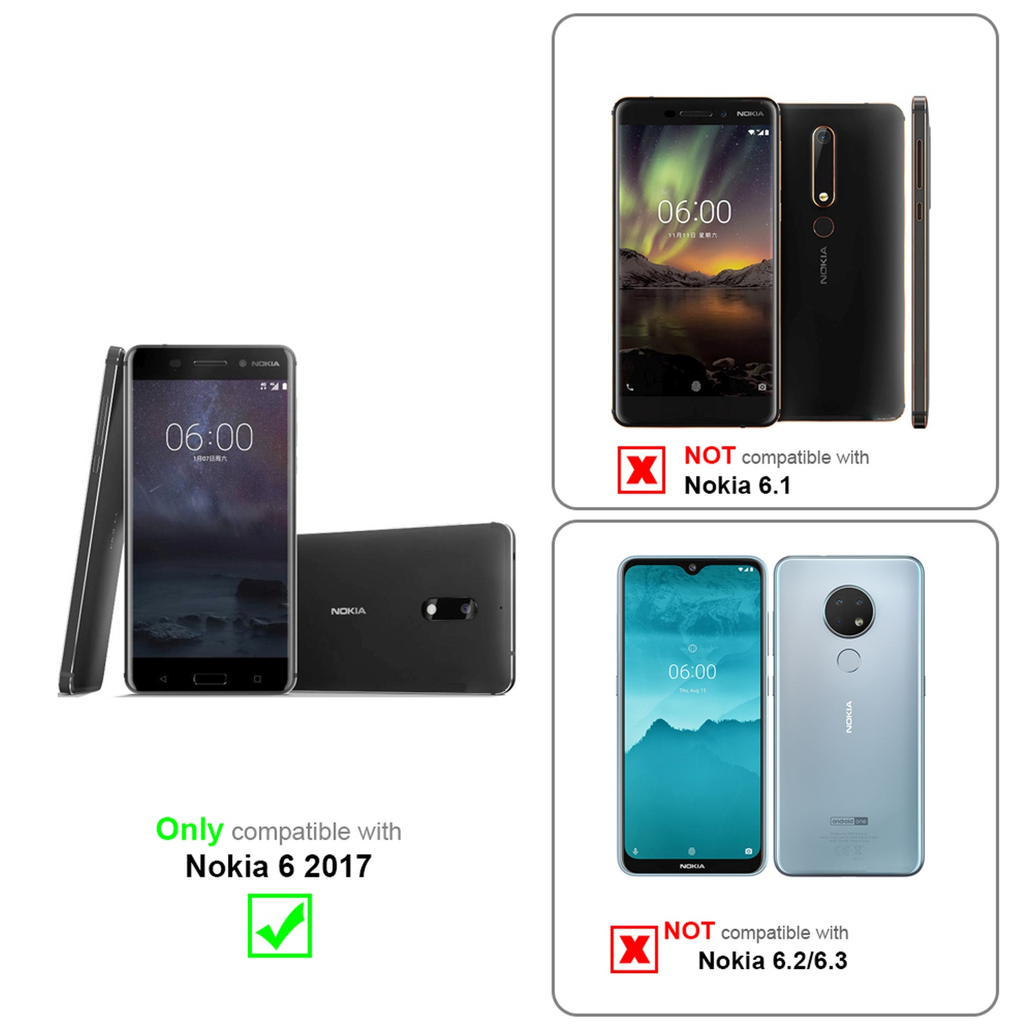 Due telefoni: un Nokia 6 2017 compatibile e un telefono non compatibile. Segno di spunta verde/X rossa.