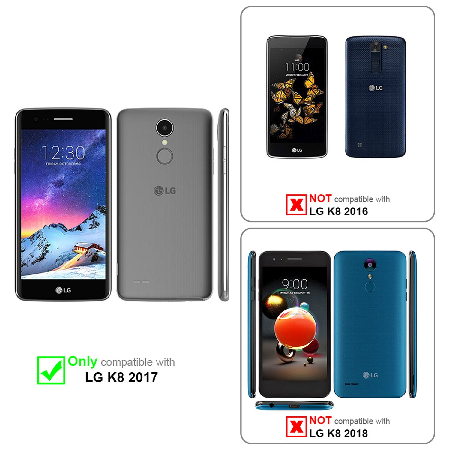 Comparación de teléfonos LG. Arriba: teléfono negro con mariposas, teléfono azul. Abajo: teléfono negro, teléfono azul. Solo LG K8 2017.