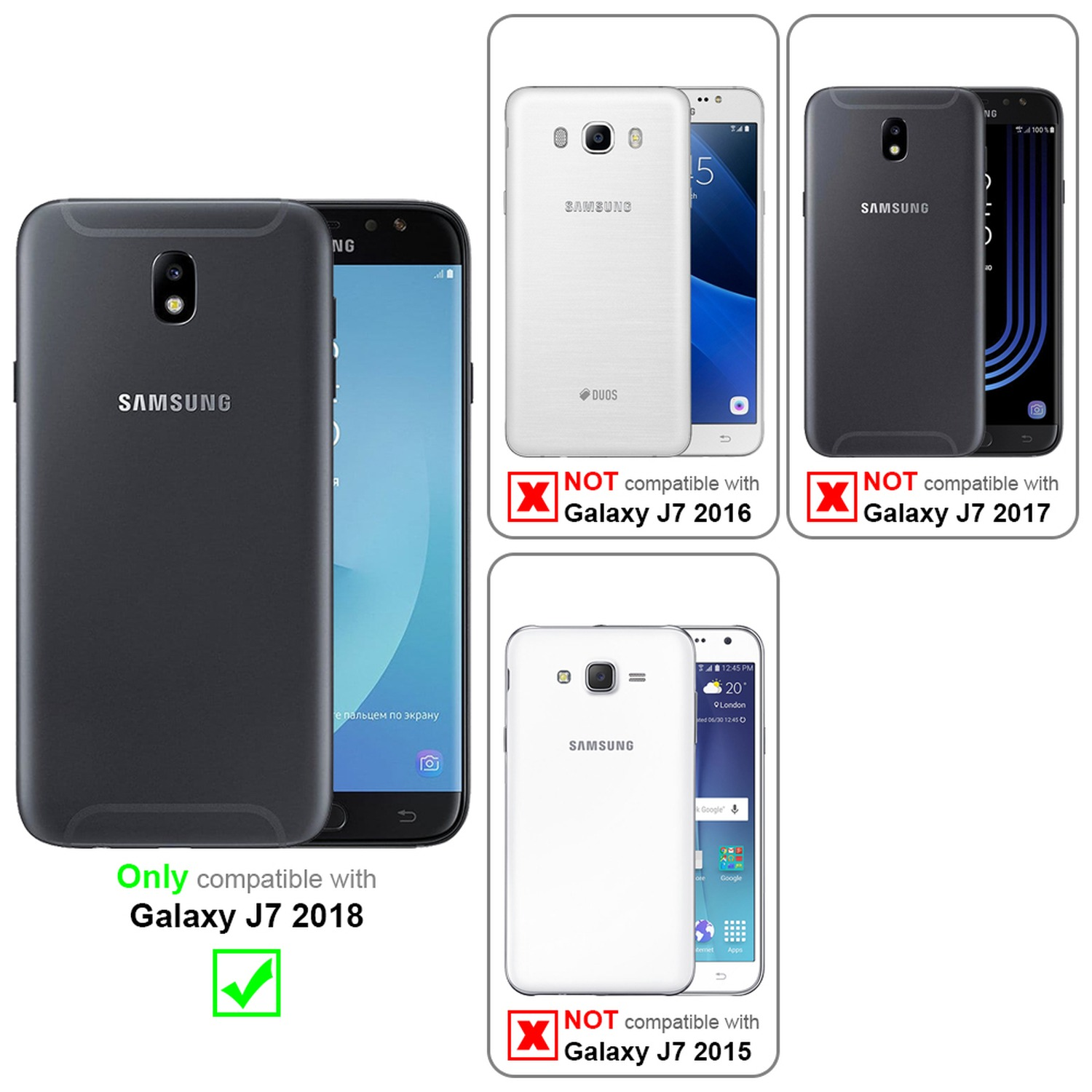 Custodia nera per telefono Samsung, compatibile con Galaxy J7 2018, con segno di spunta. Altri telefoni non compatibili.