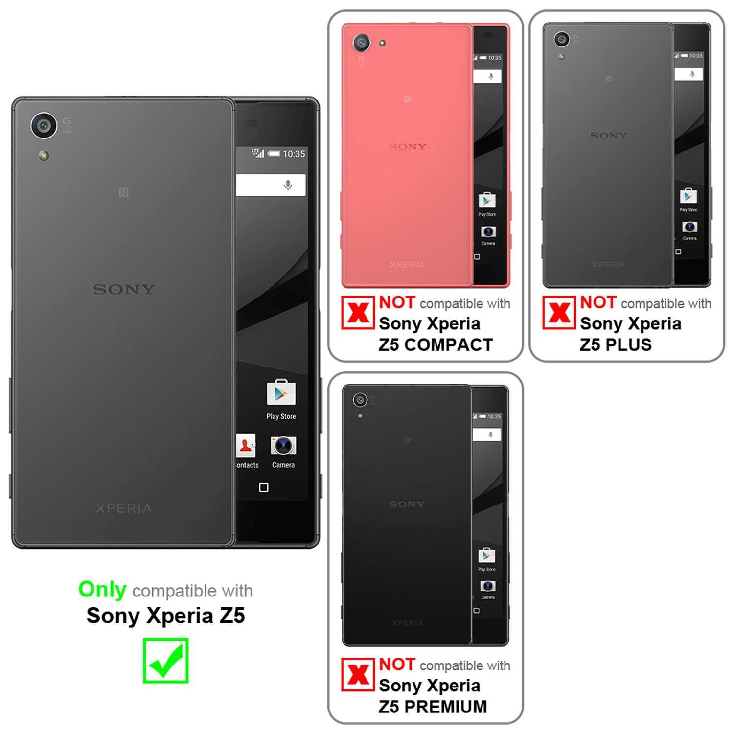 Teléfono negro en funda. Compatible con Sony Xperia Z5. Otros no. Fondo blanco.