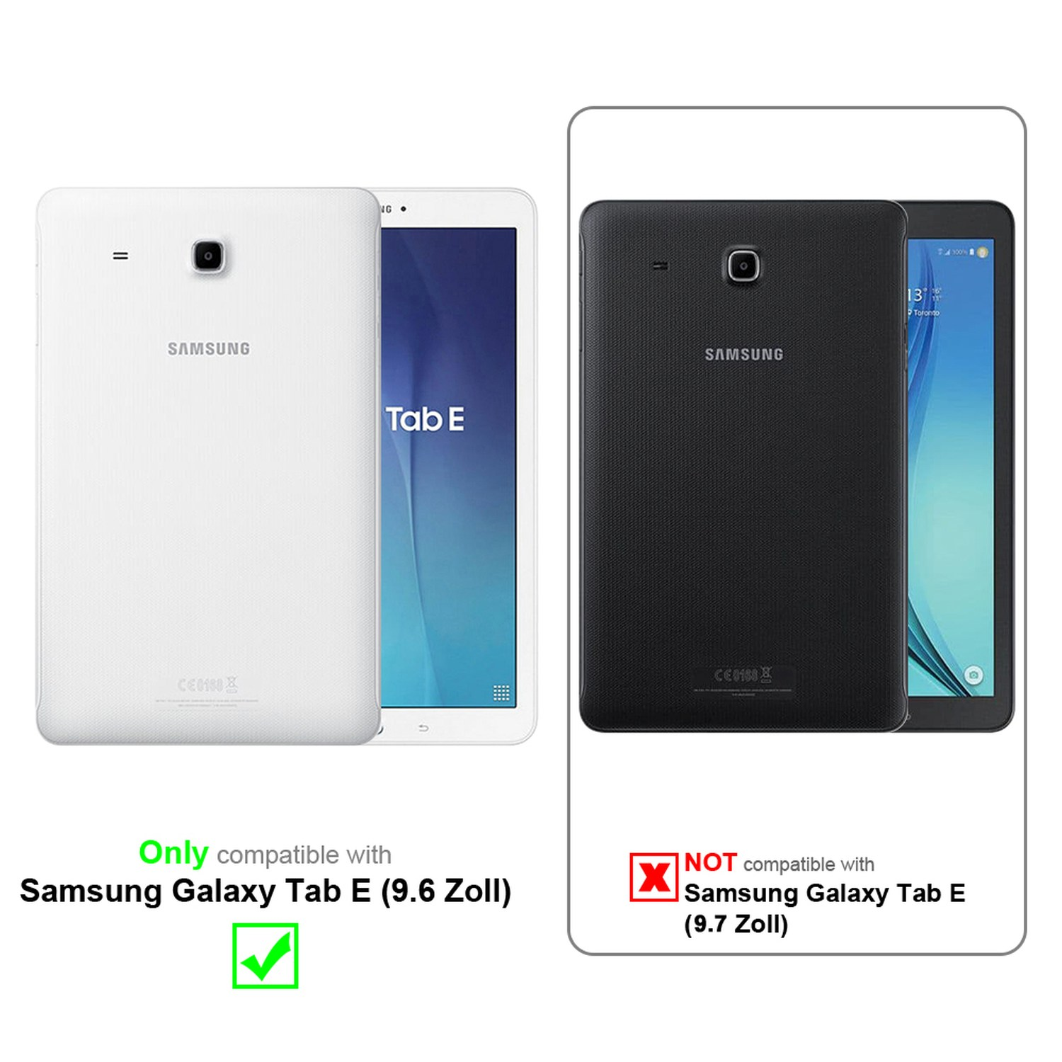Zwei Tablets, weiß und schwarz, mit Hüllen. Text zeigt Kompatibilität mit Samsung Tab E.