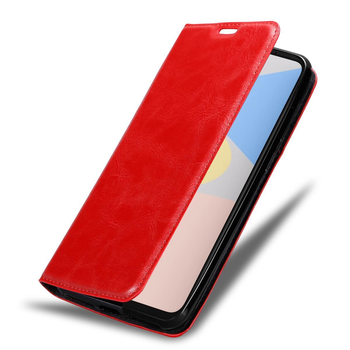 Rote Handyhülle, offen, zeigt einen Telefonbildschirm. Hülle ist strukturiert.