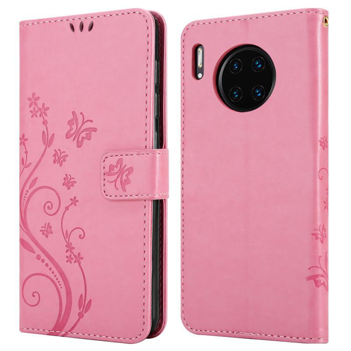 Custodia rosa aperta, con design floreale e chiusura magnetica, con telefono all'interno.