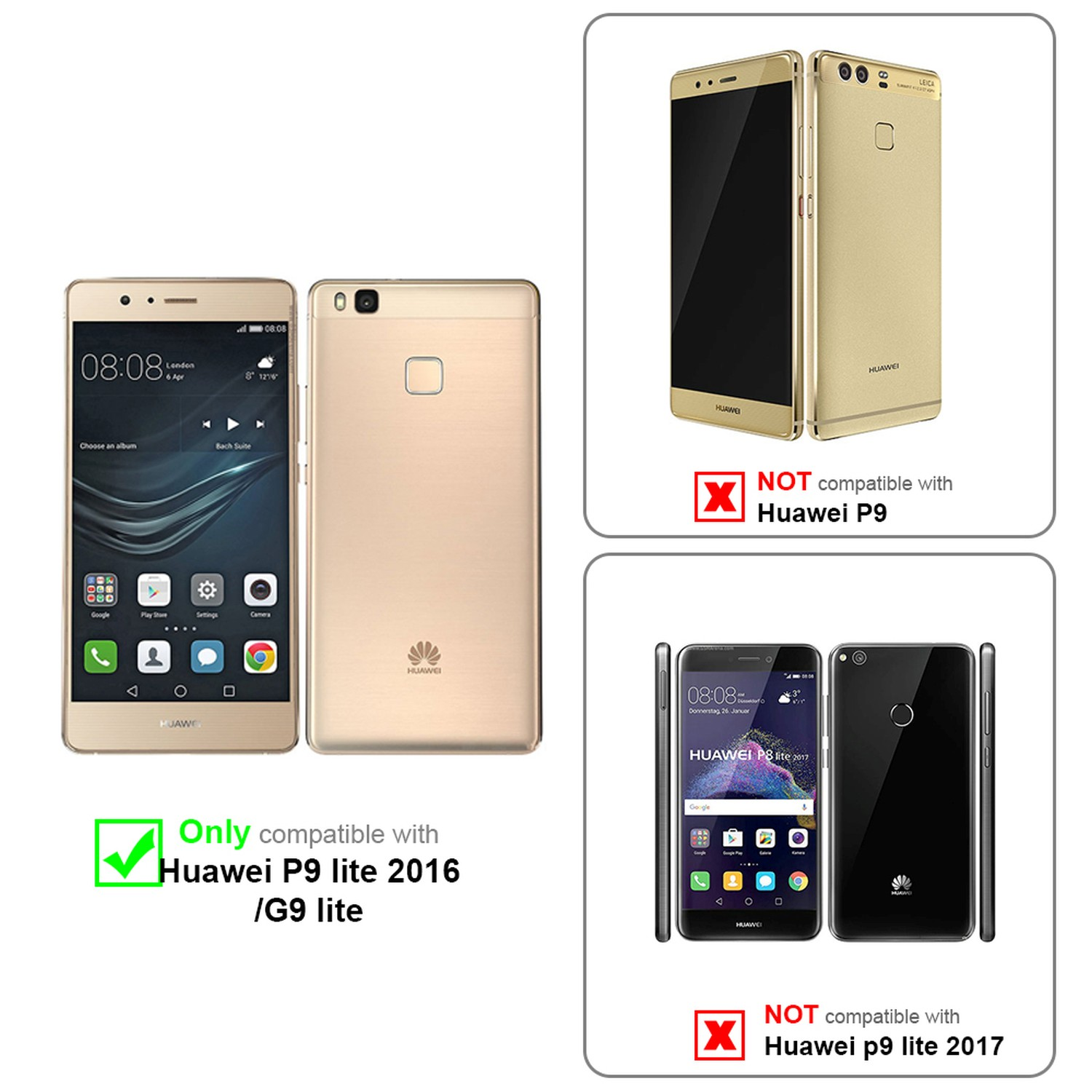 Funda dorada para teléfono Huawei, compatible con Huawei P9 lite 2016/G9 lite, con marca de verificación. No compatible.