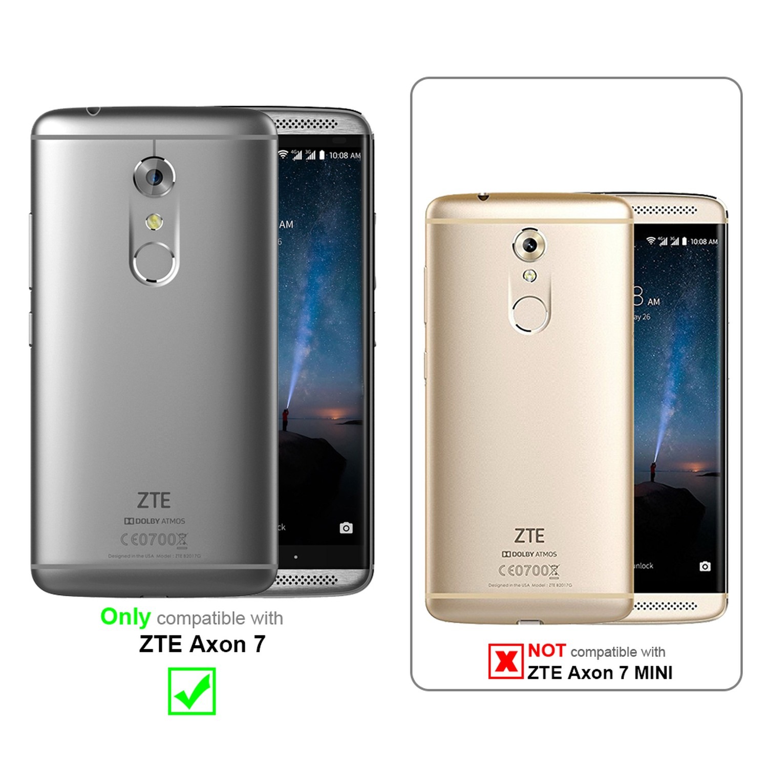 Due telefoni, argento e oro, con informazioni sulla compatibilità.