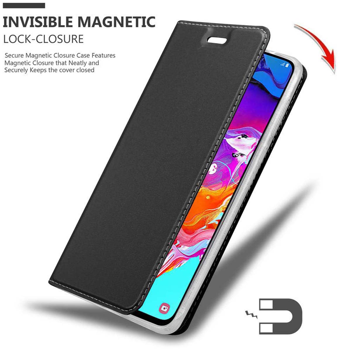 Una custodia nera per telefono con chiusura magnetica è mostrata aperta, rivelando un telefono all'interno.
