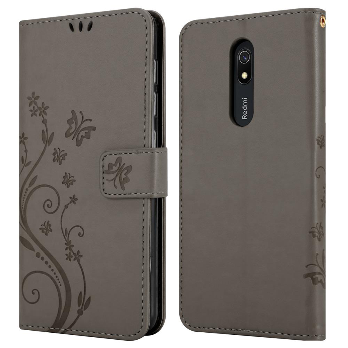 Graue Handyhülle, geschlossen und offen. Mit Blumenprägung und Magnetverschluss. Telefon sichtbar.