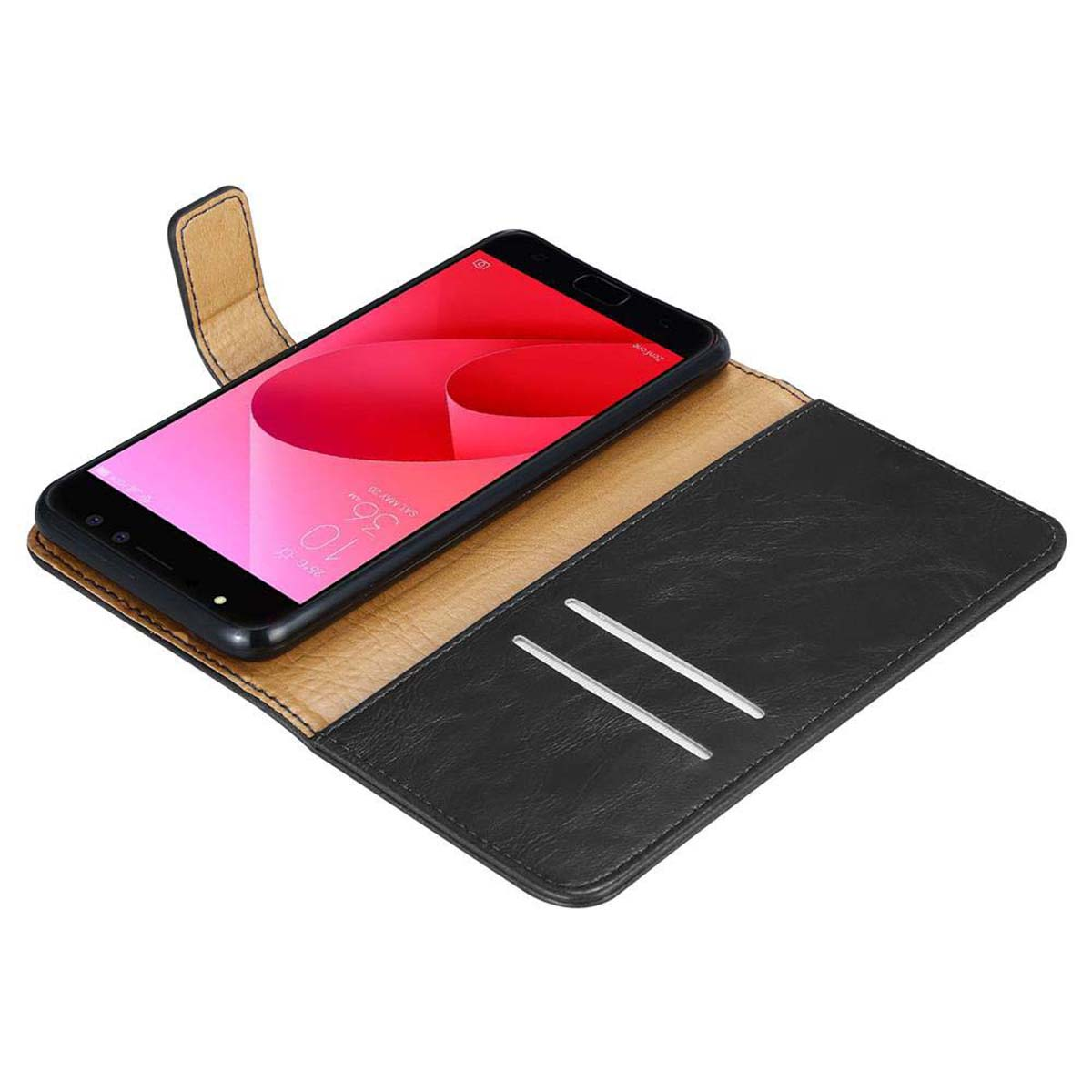 Smartphone nero in una custodia in pelle, che mostra lo schermo del telefono con uno sfondo rosso e bianco.