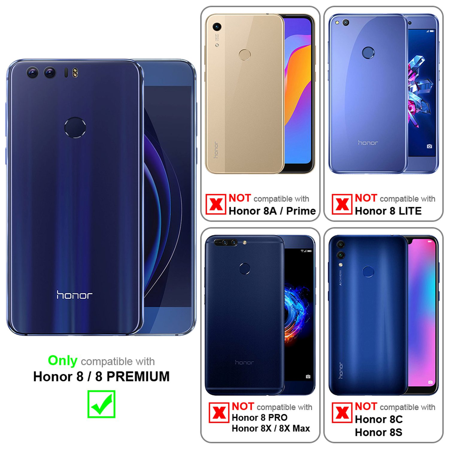 Custodie per telefono. Tre telefoni, uno compatibile e due incompatibili con le custodie.
