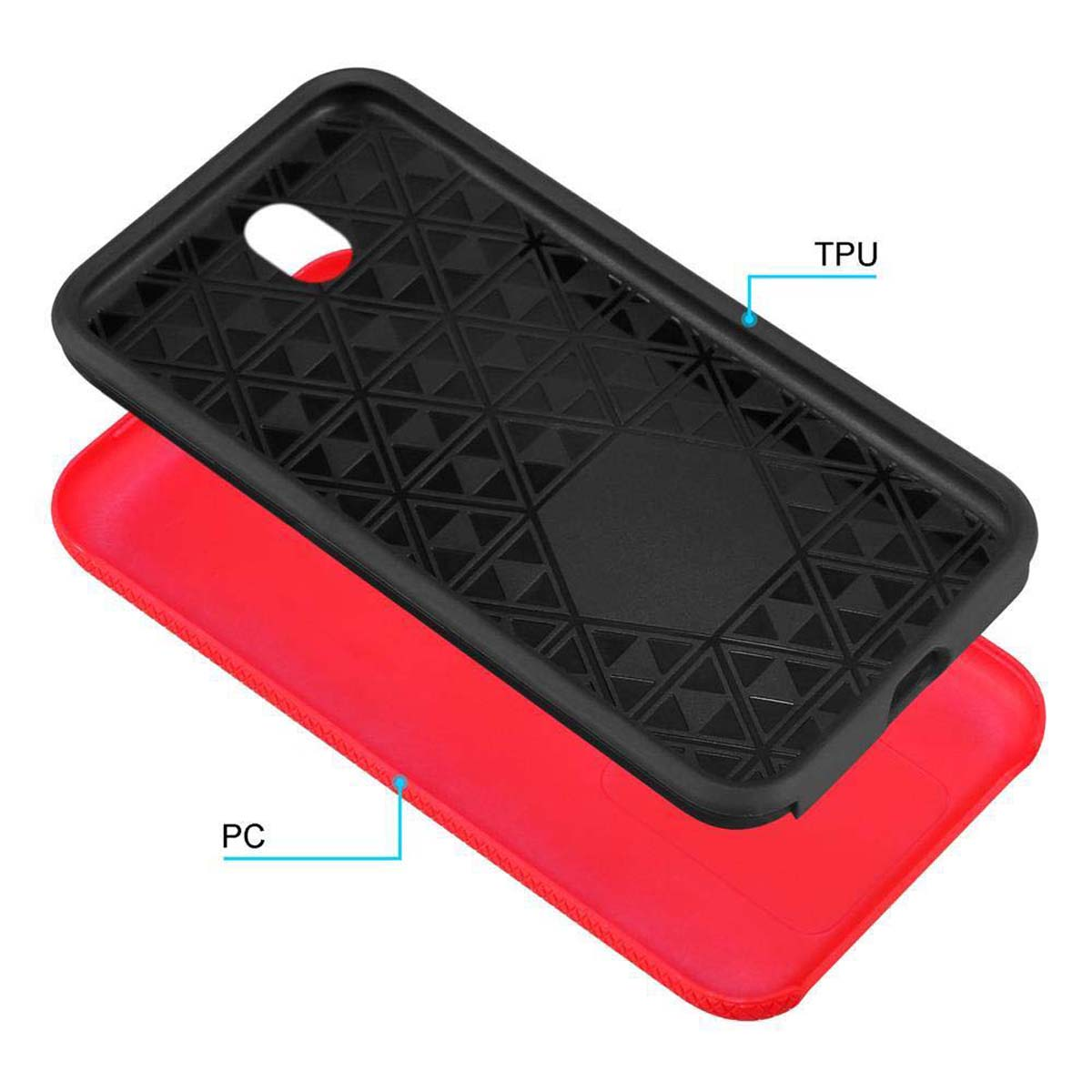 Una custodia per telefono con uno strato in TPU nero e uno strato in PC rosso, separati. Sfondo bianco.
