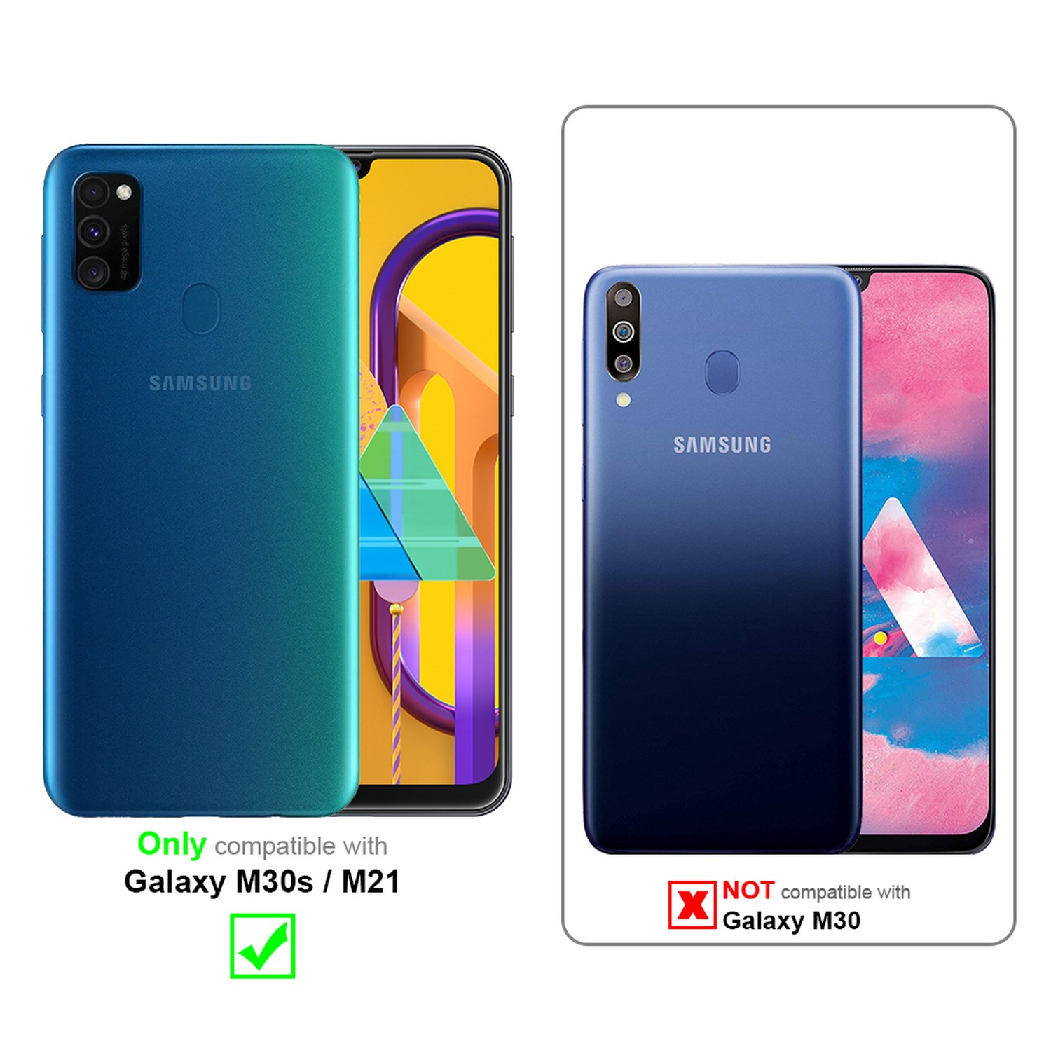 Blaues Telefon und Hülle, mit Text: Nur kompatibel mit Galaxy M30s/M21. Nicht kompatibel mit Galaxy M30.