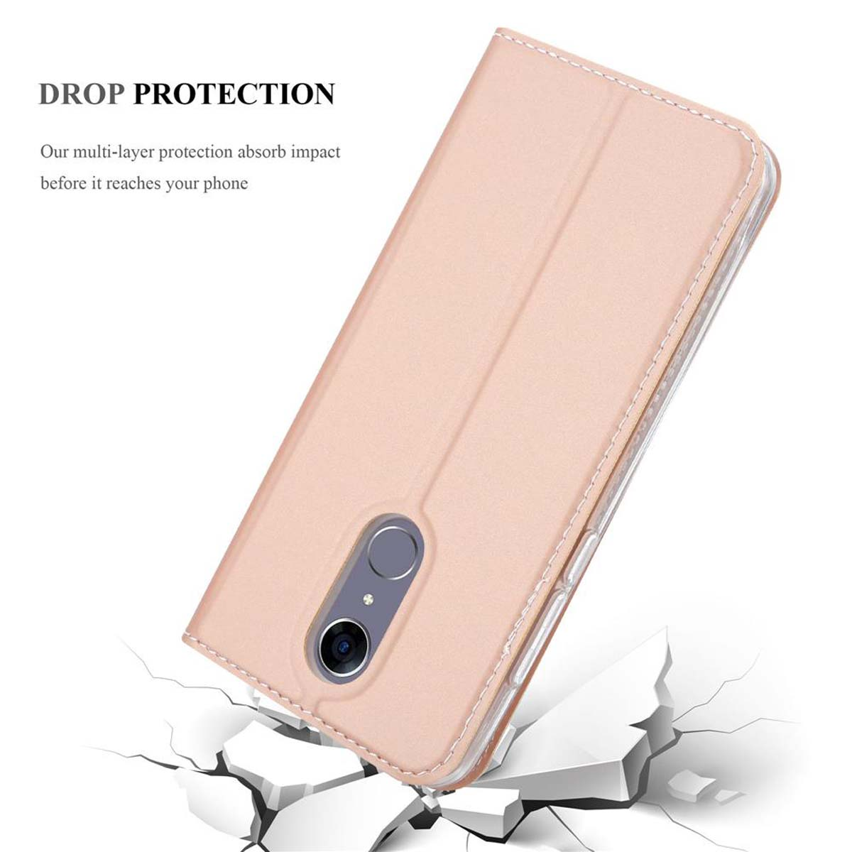 Eine pinke Handyhülle, abgewinkelt, mit Telefon. Rissige Oberfläche, Text über Schutz.