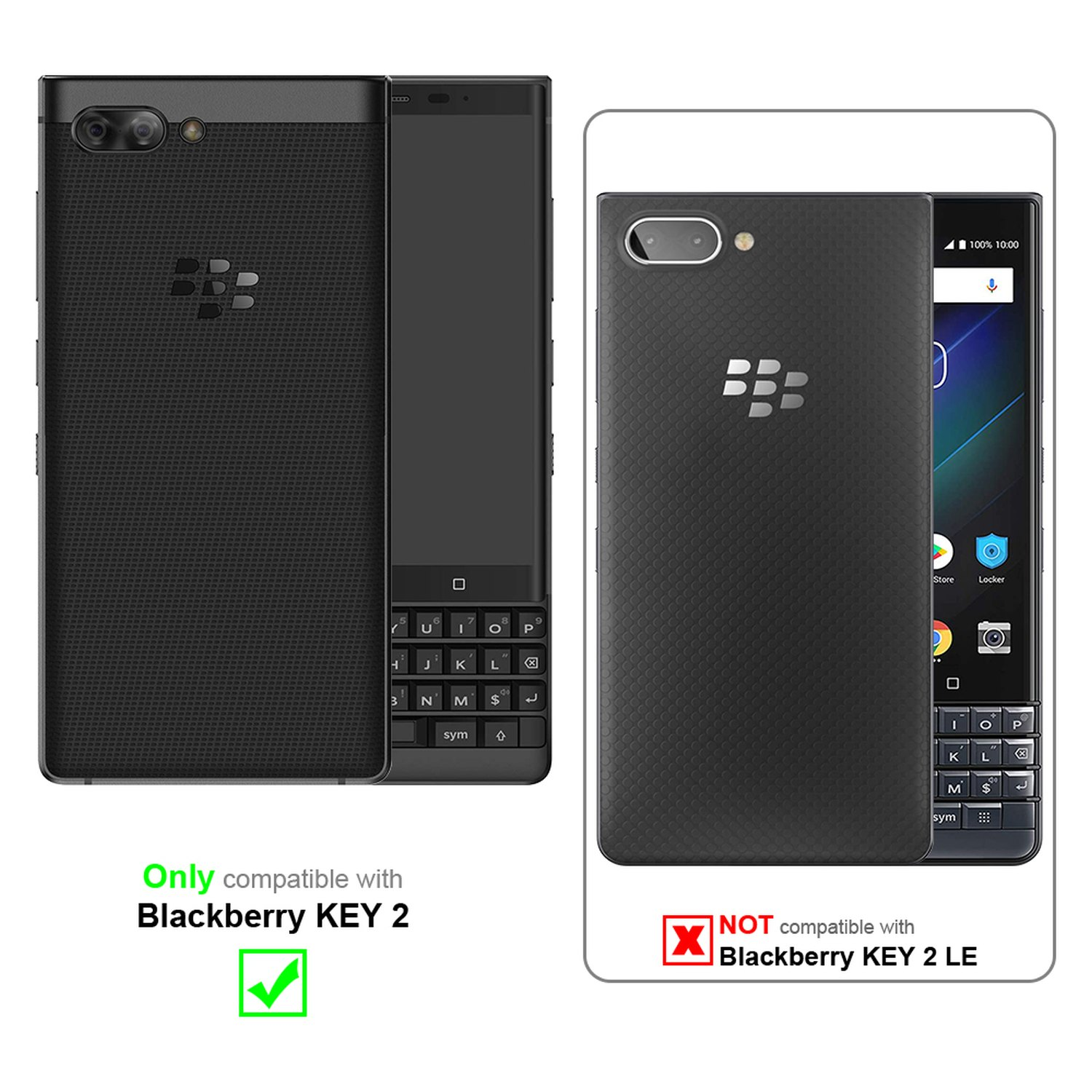 Due telefoni Blackberry neri con un segno di spunta verde per KEY 2 e una X rossa per KEY 2 LE.