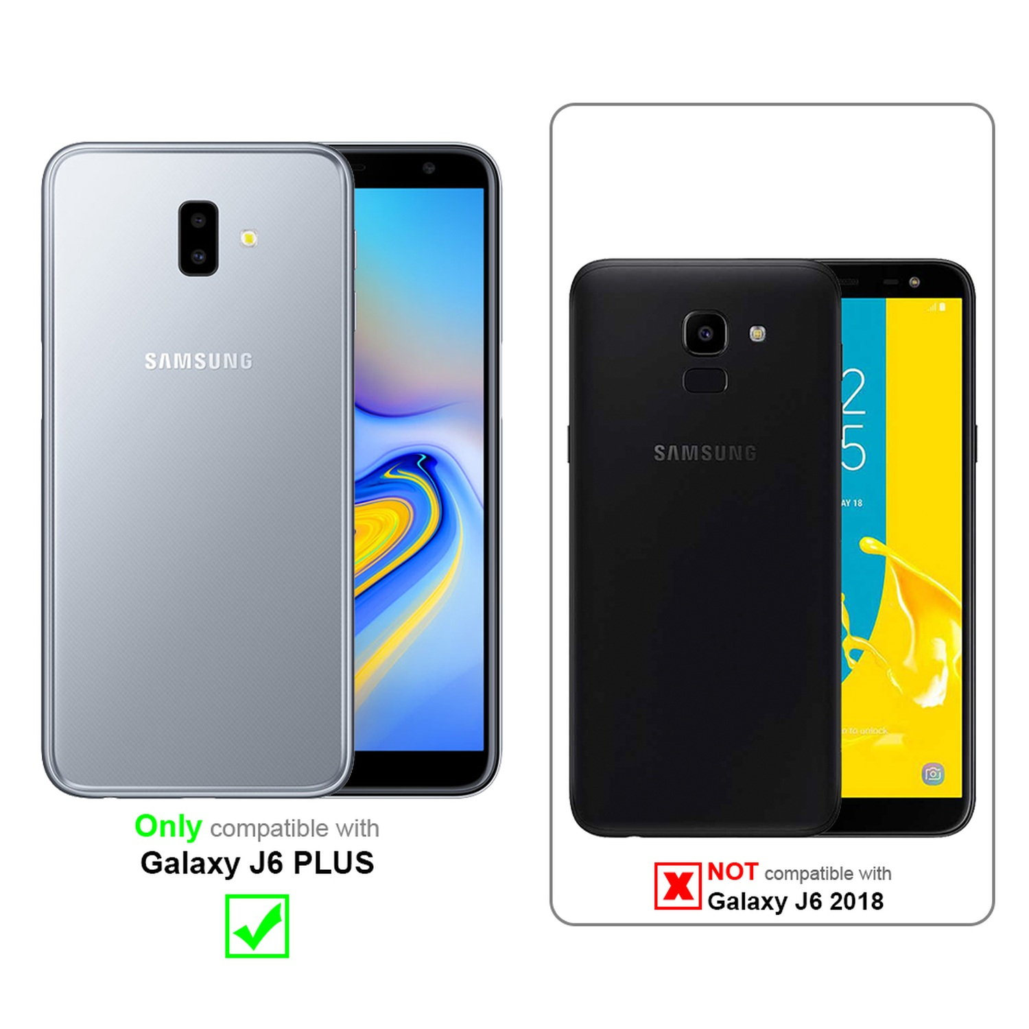 Due smartphone, uno argento e uno nero, affiancati. Testo: 'Only compatible with Galaxy J6 PLUS'.