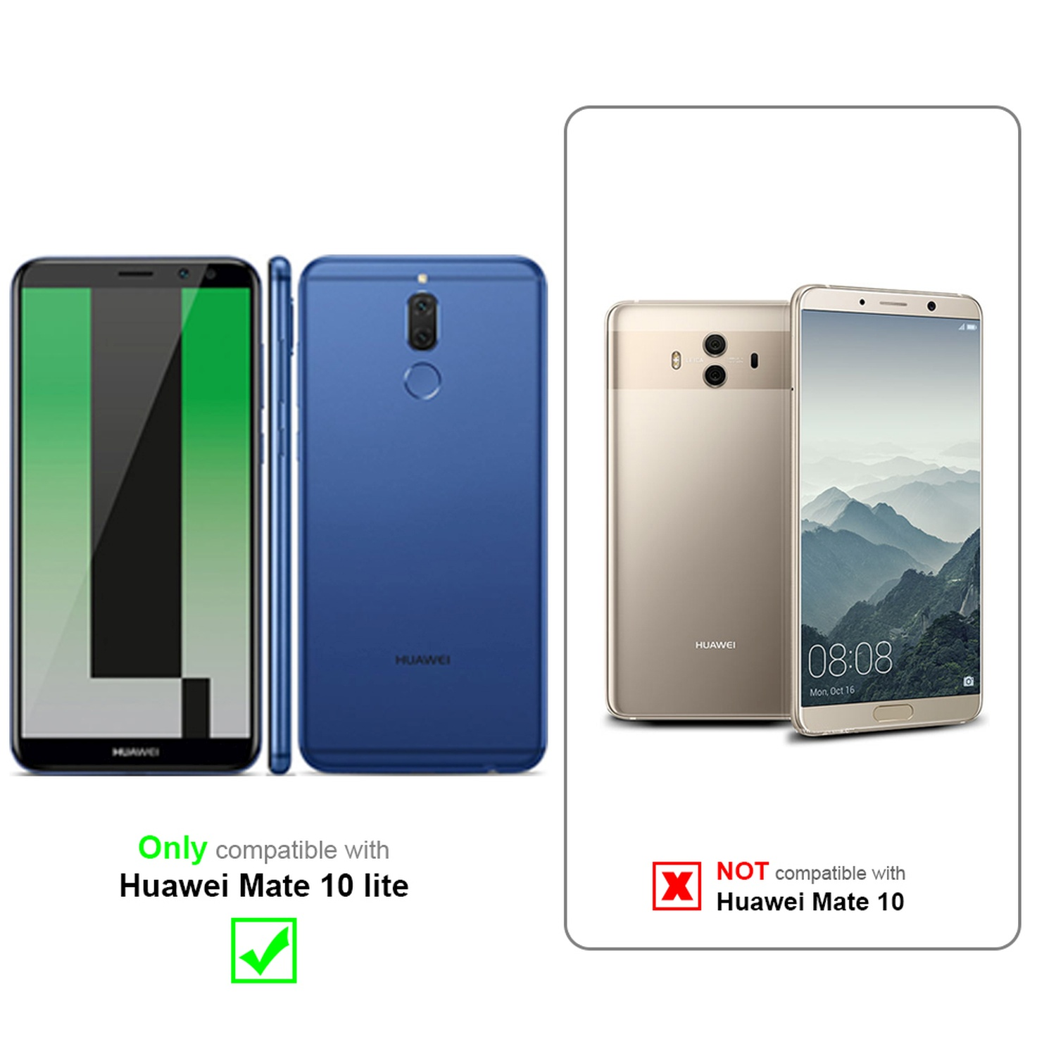 Due telefoni, uno blu e uno oro, con testo sulla compatibilità per Huawei Mate 10 lite.