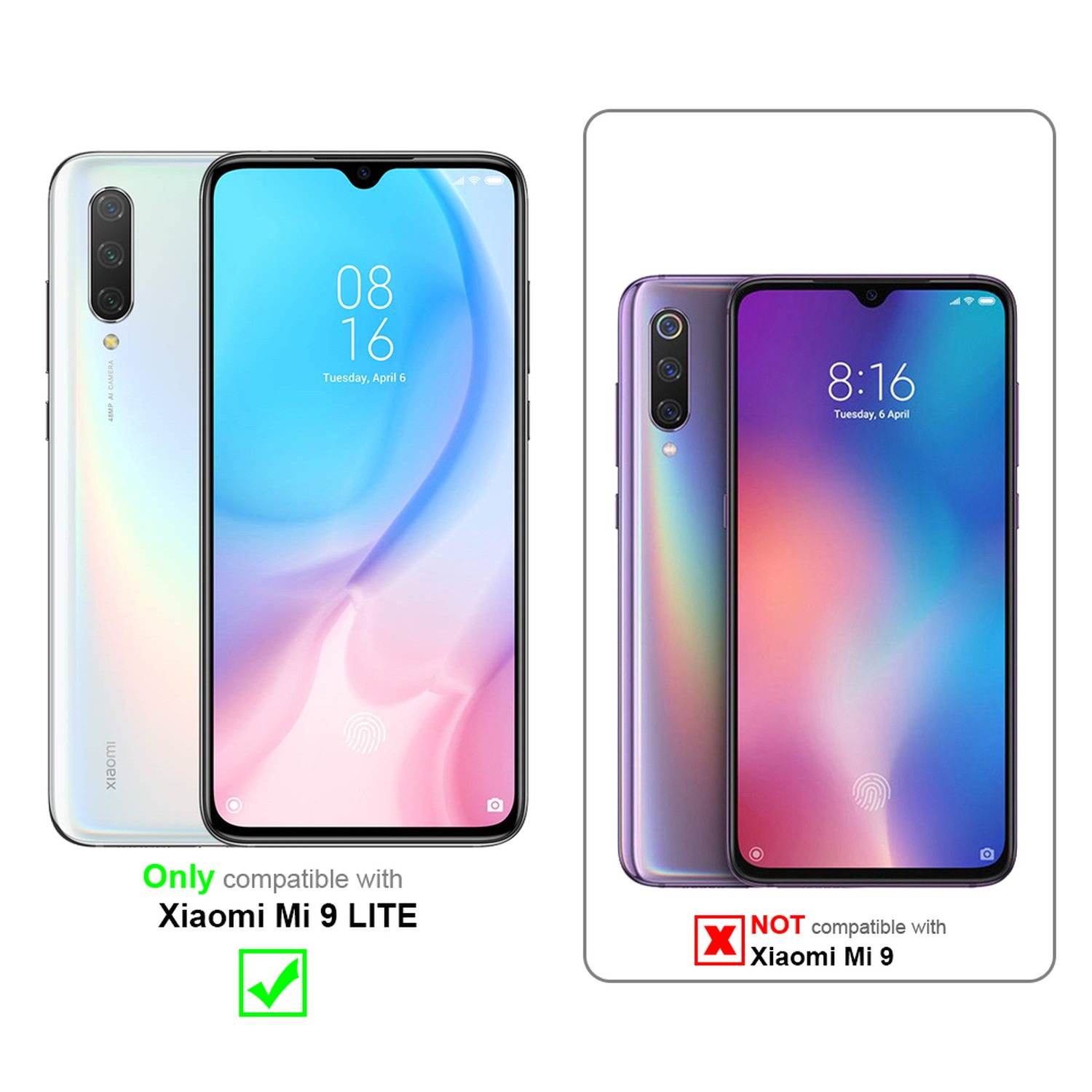 Confronto compatibilità telefono: Xiaomi Mi 9 Lite compatibile, Xiaomi Mi 9 no.