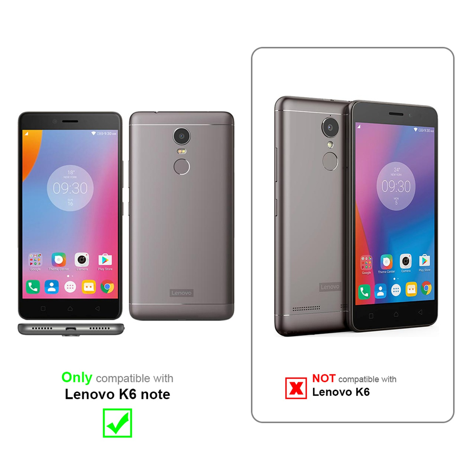 Dos teléfonos uno al lado del otro, mostrando compatibilidad con Lenovo K6 Note, no K6.