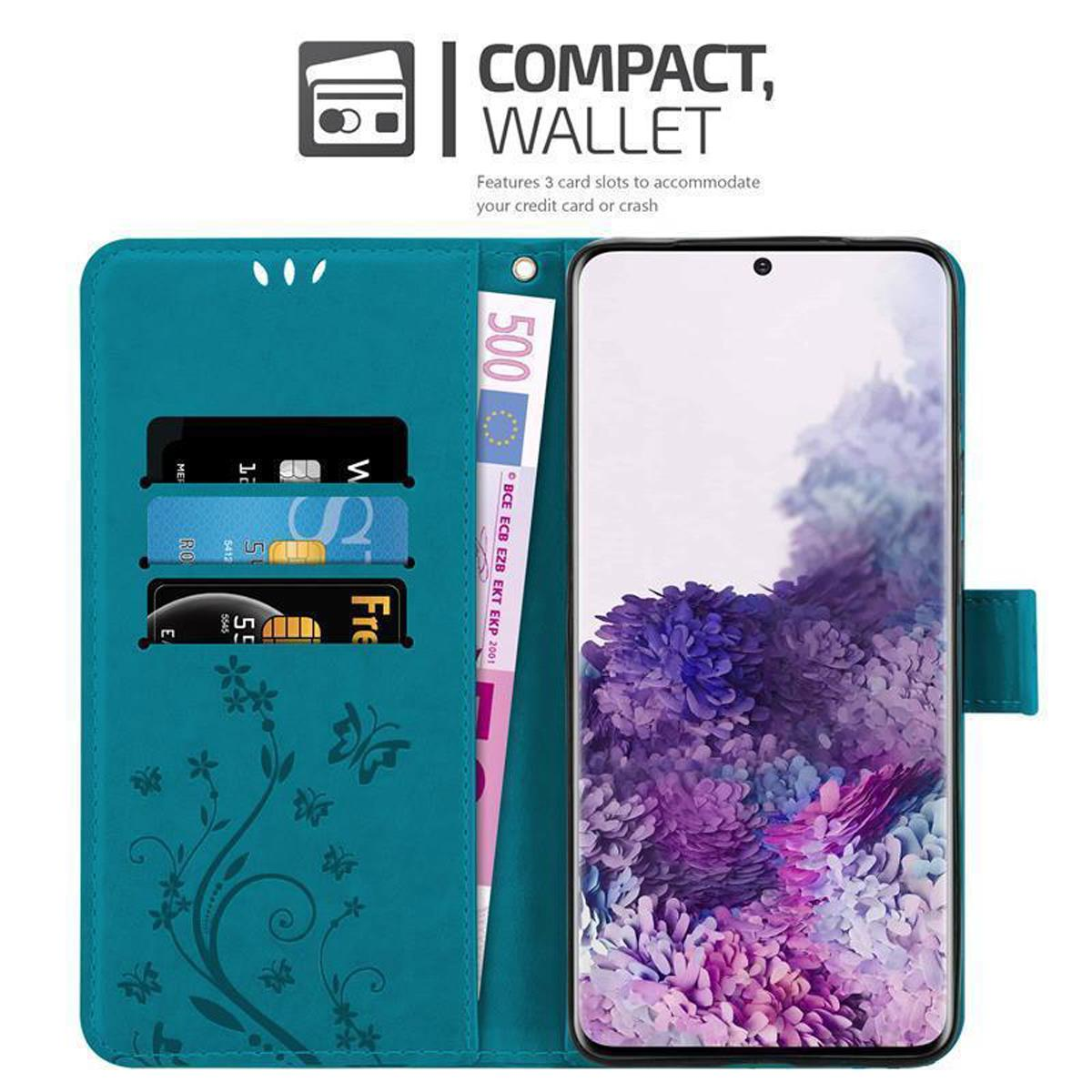 BLAU FLORAL Samsung, Flower CADORABO Case, Blumen Hülle Muster Bookcover, Galaxy S20,