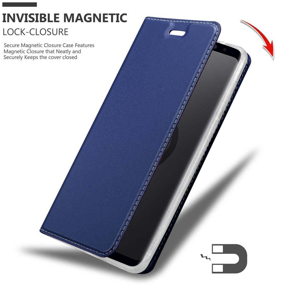 Blaue Handyhülle mit offener Klappe. Text lautet 'Invisible Magnetic Lock-Closure'.