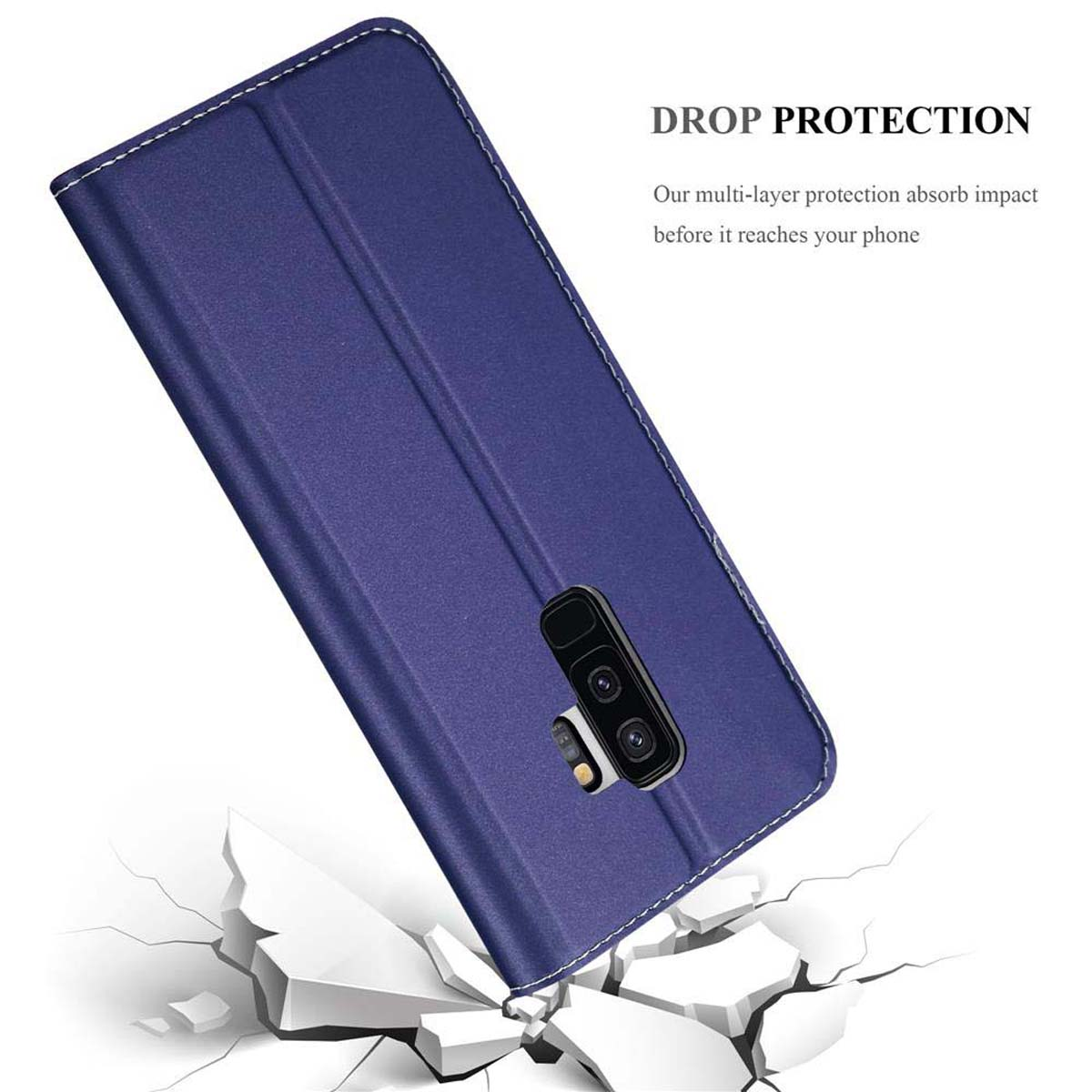Eine blaue Handyhülle mit einem Telefon darin. Die Hülle ist offen und liegt auf einer Oberfläche.