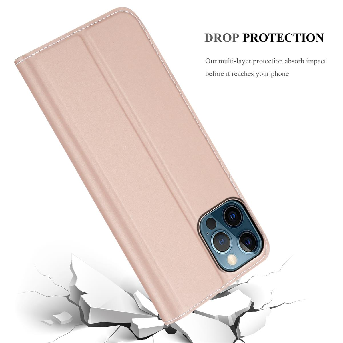 Geöffnete rosa Handyhülle mit Telefon, Text zum Schutz vor Stürzen.