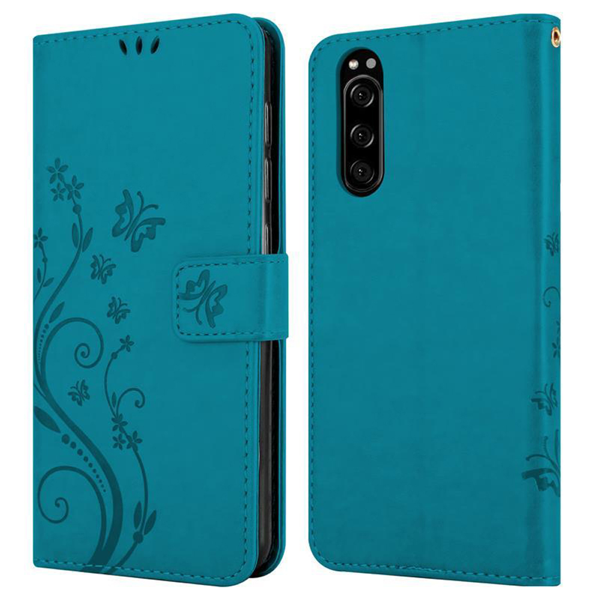 Una custodia per telefono blu con disegni floreali e a farfalla. La custodia è aperta.