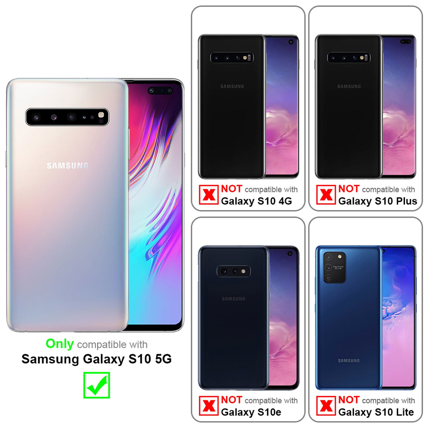 Weißes Samsung Galaxy S10 5G Telefon. Andere sind nicht kompatibel. Grünes Häkchen zeigt Kompatibilität an.