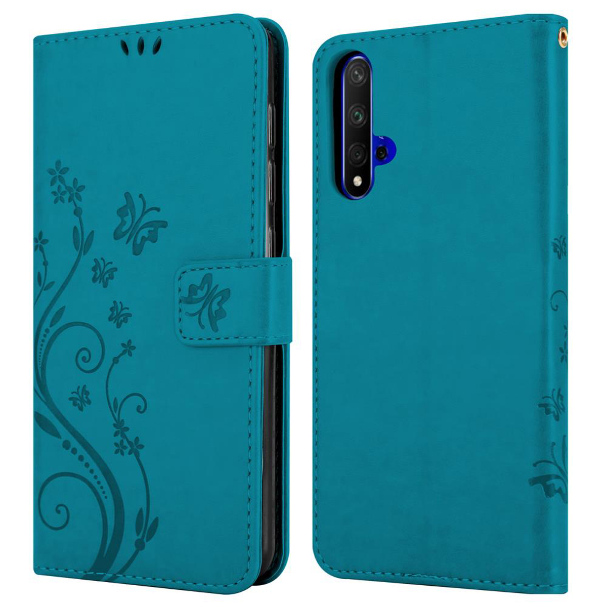 Eine türkisfarbene Handyhülle mit floralem Design auf der Vorderseite und passendem Rücken, beide geschlossen.