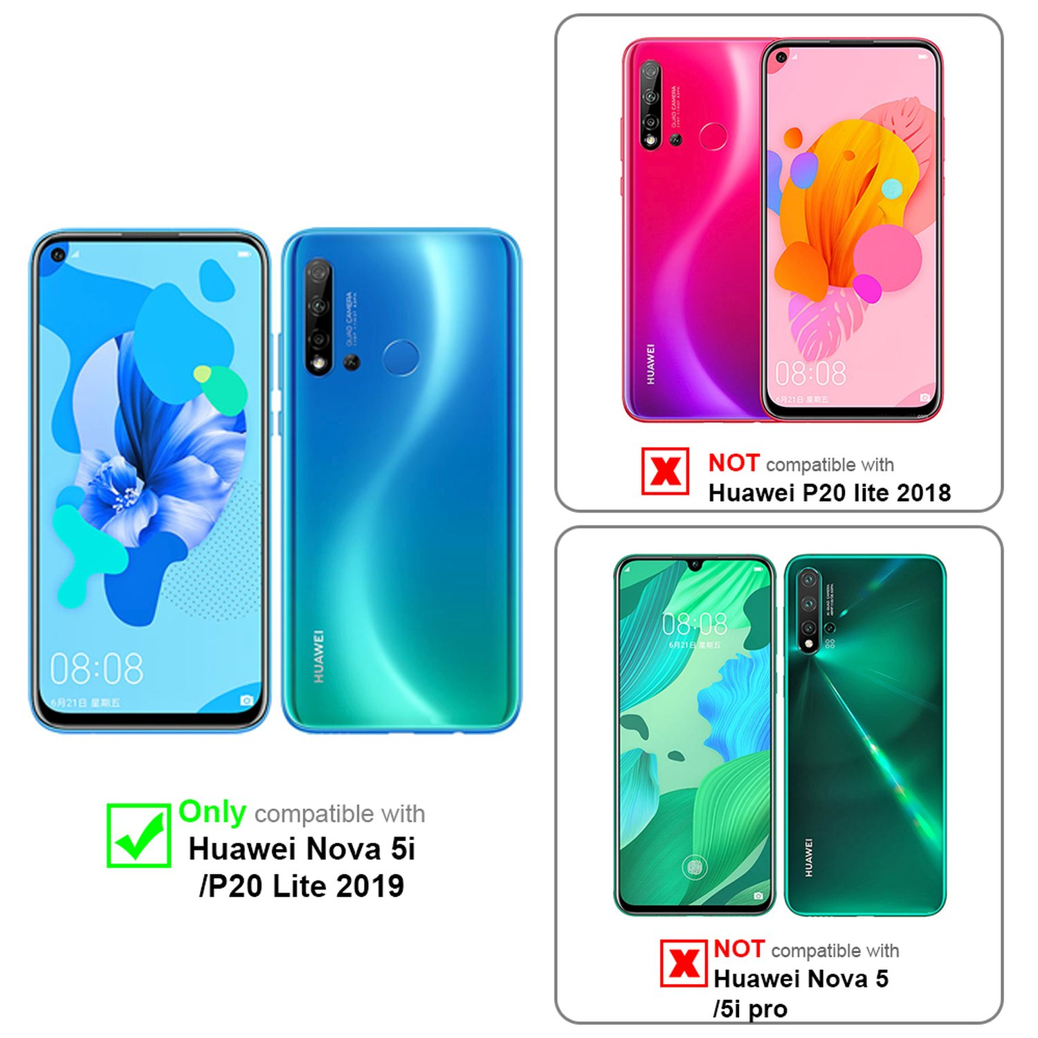 Zwei Telefone, blau. Text: Kompatibel mit Huawei Nova 5i/P20 Lite 2019, nicht Nova 5/5i pro/P20 lite 2018.