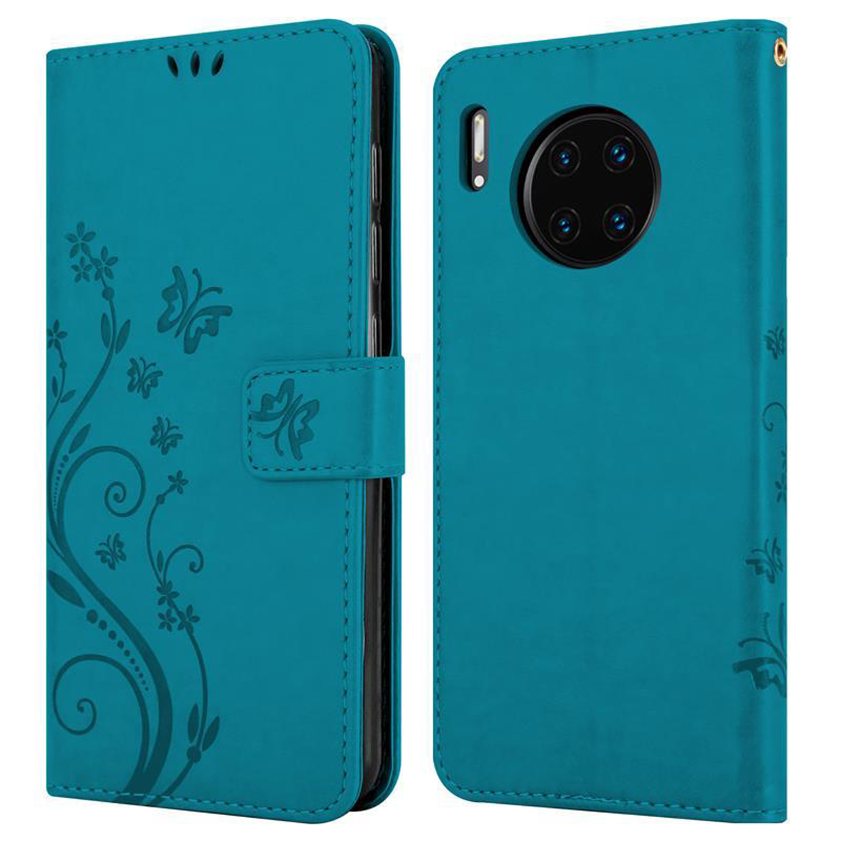 Una custodia per telefono color turchese con un design a farfalla, aperta e chiusa.