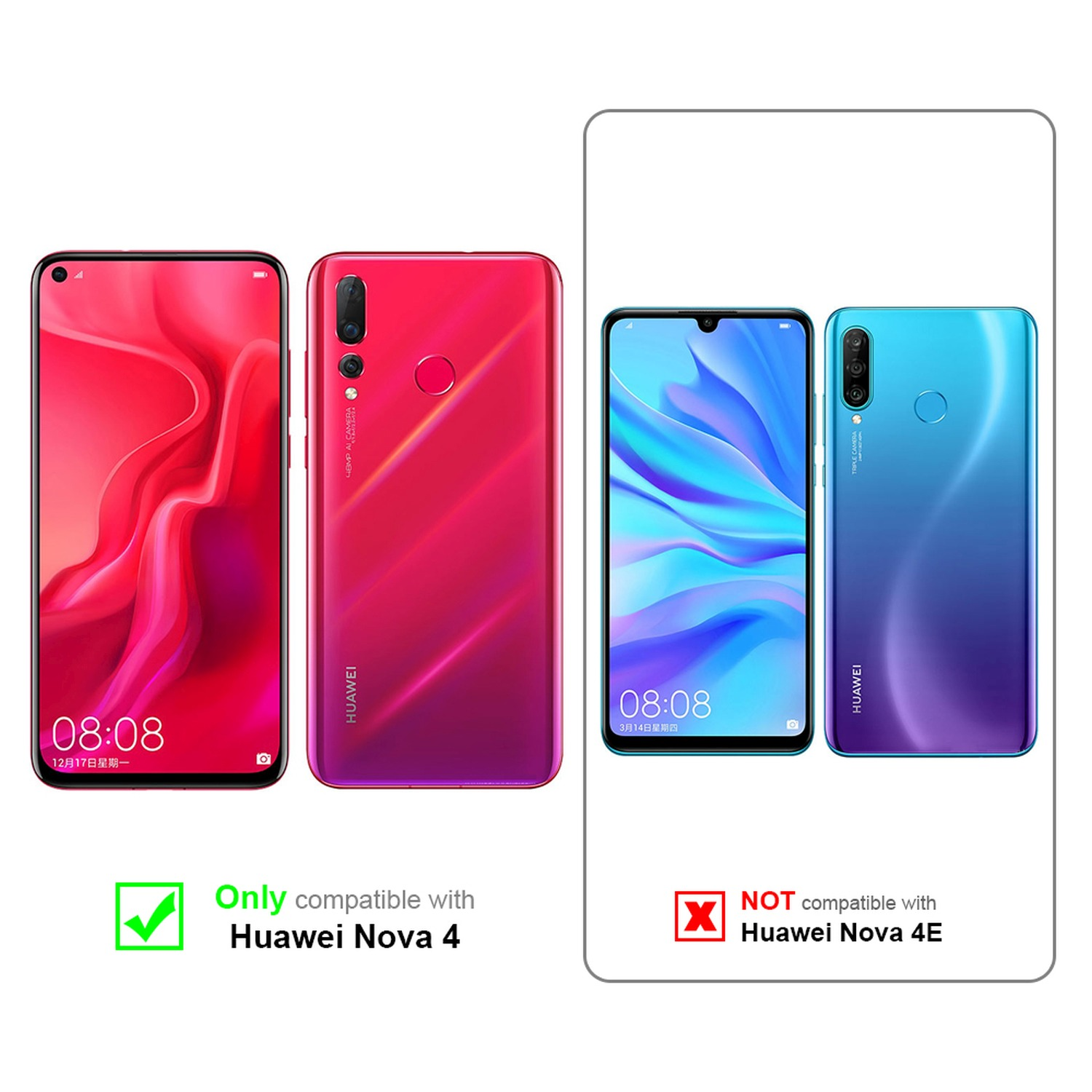Confronto tra telefoni Huawei Nova 4 e 4E. Nova 4 compatibile, 4E no. Segni di spunta e X.