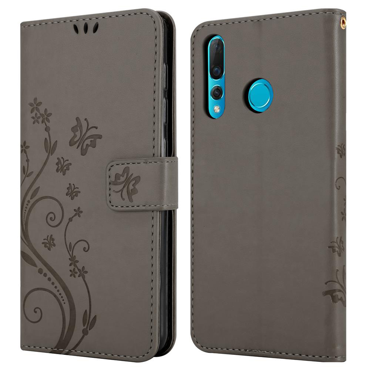 Custodia per telefono grigia con design a farfalla. Dotata di chiusura magnetica e motivo floreale decorativo.