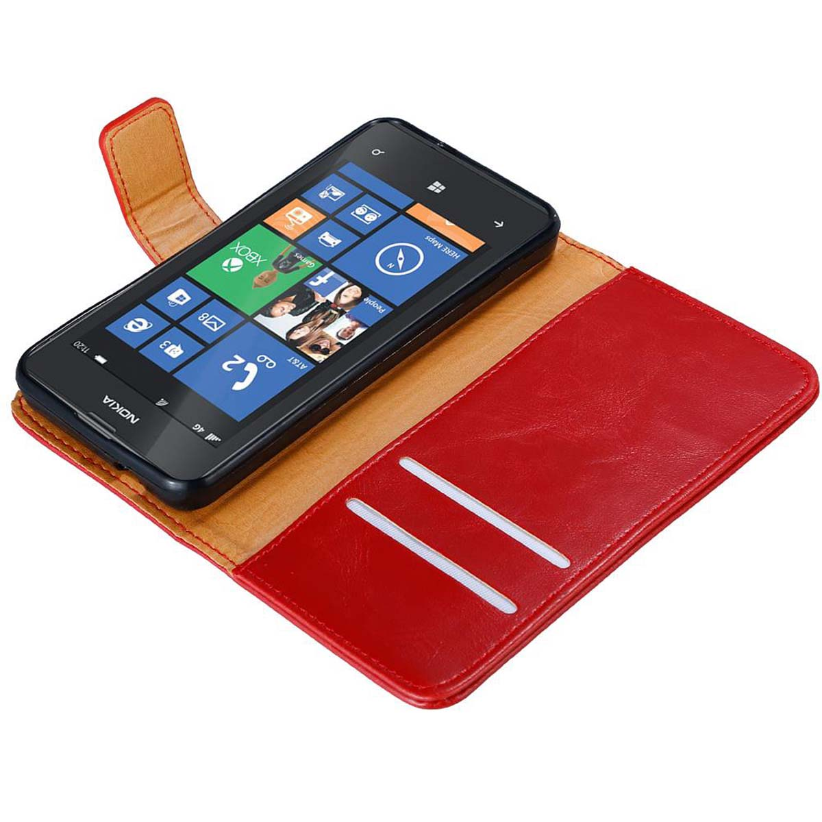 Telefono Nokia in una custodia rossa e marrone, con icone delle app visibili. Telefono aperto. Sfondo bianco.