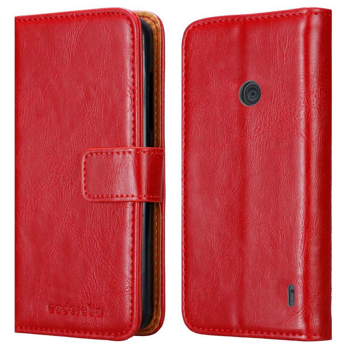 Custodia per telefono rossa, aperta per rivelare un telefono. Ha una chiusura magnetica e un foro per la fotocamera.