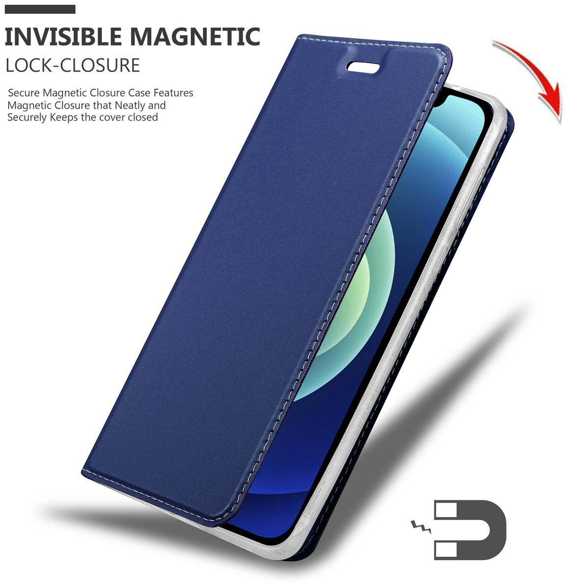 Custodia blu per telefono con chiusura magnetica, la cover si apre con una freccia.