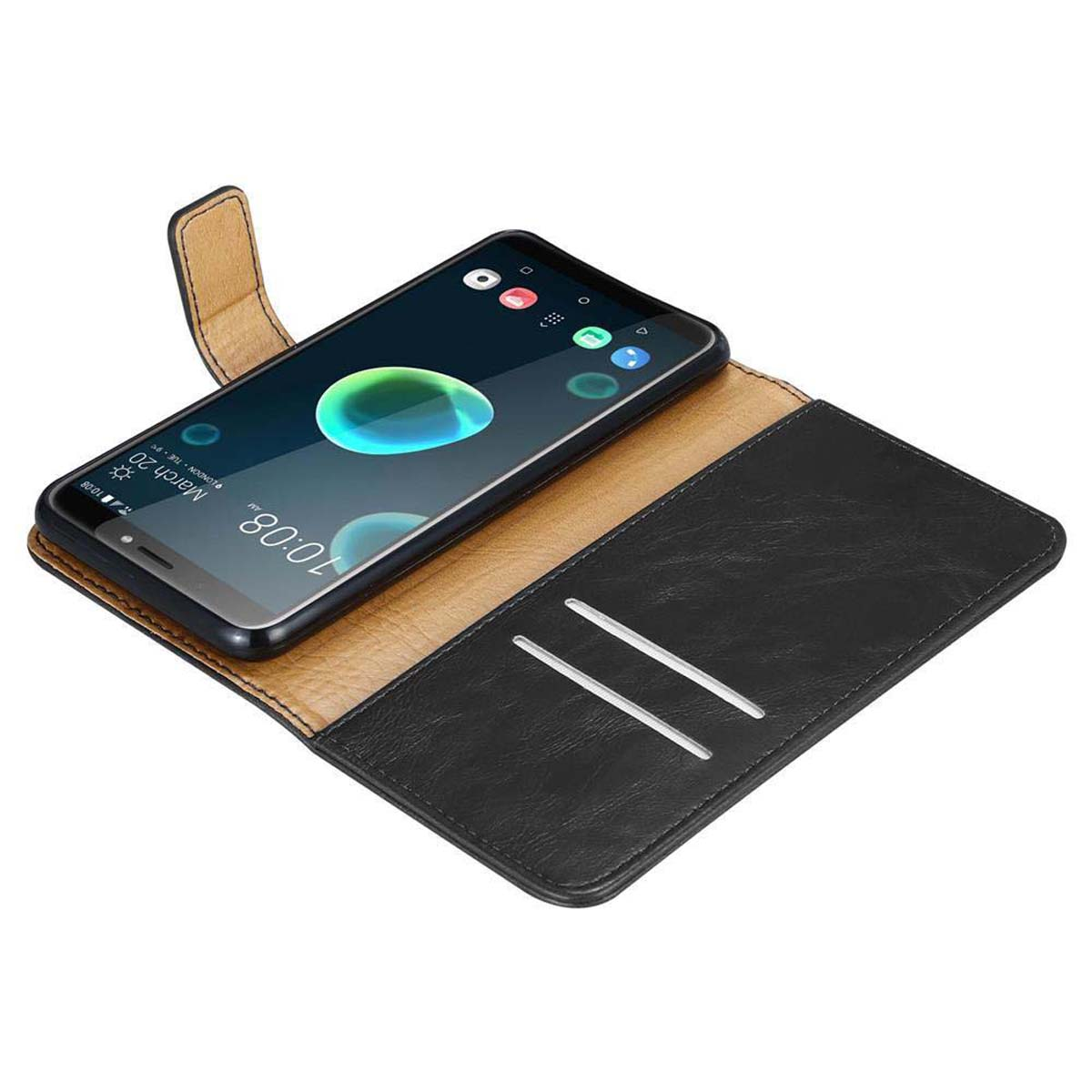 Smartphone in einer schwarzen und braunen Hülle. Der Bildschirm zeigt einen Startbildschirm mit Apps und Datum.